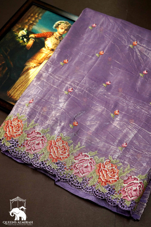 LILAC PURPLE WITH EMBROIDERY BORDER TISSUE SAREE - Queens Jewel Emporium