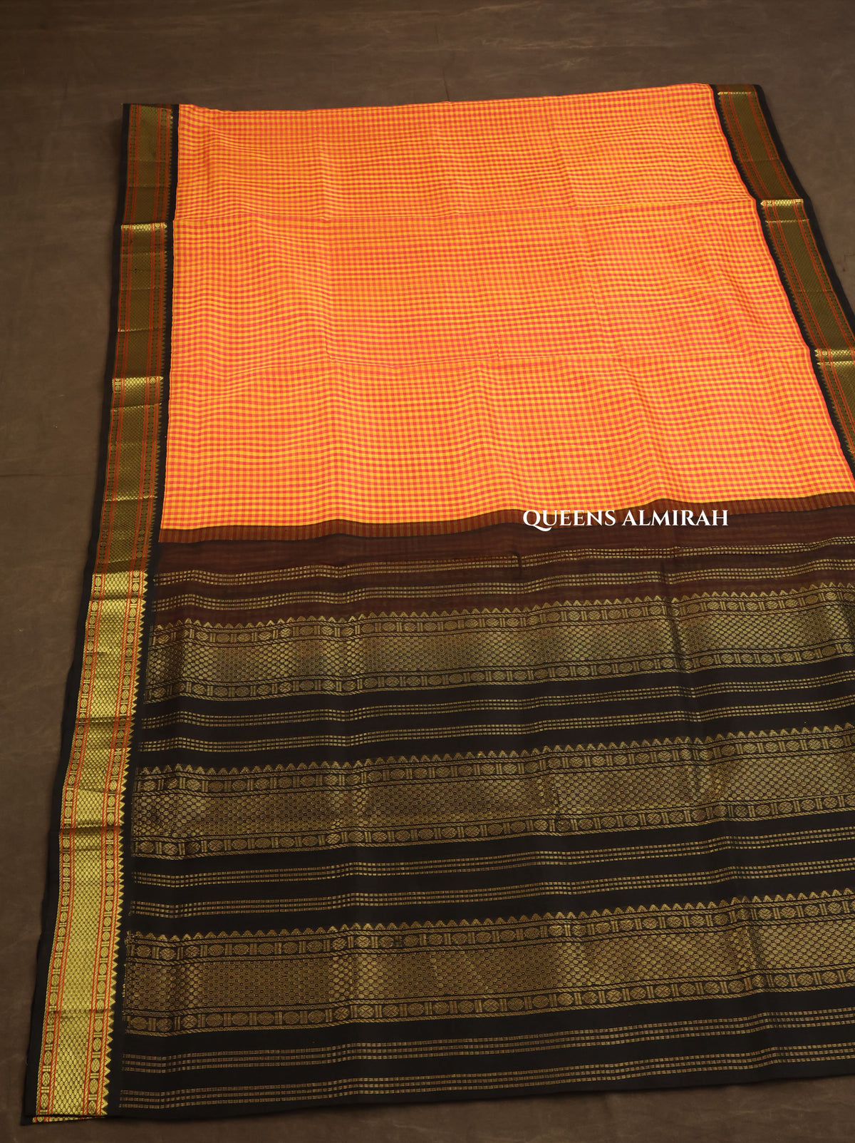 Orange Kattam With Black Border Pure Silk Cotton Saree