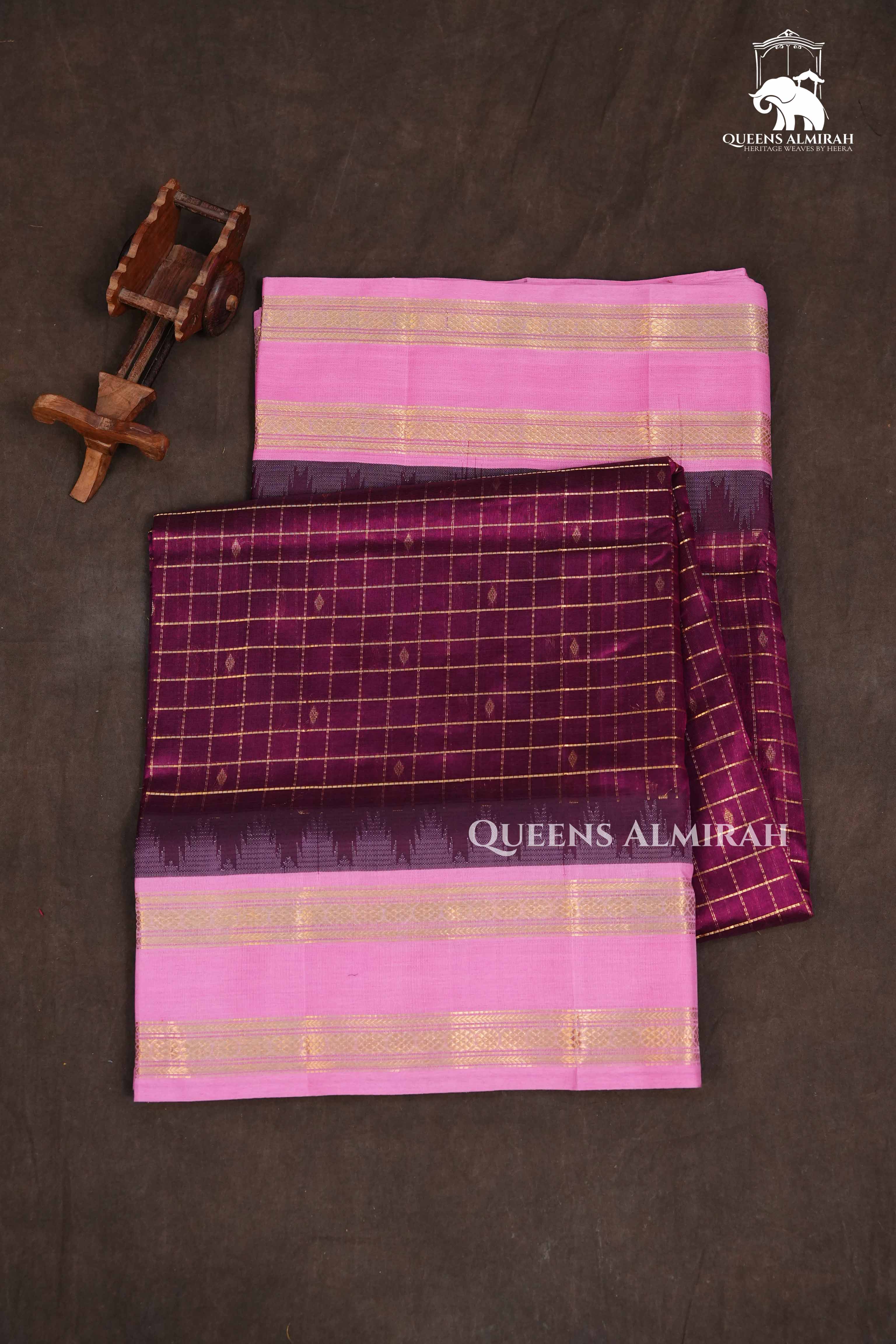 Purple Kattam With Rose Milk Pink Pure Silk Cotton Saree