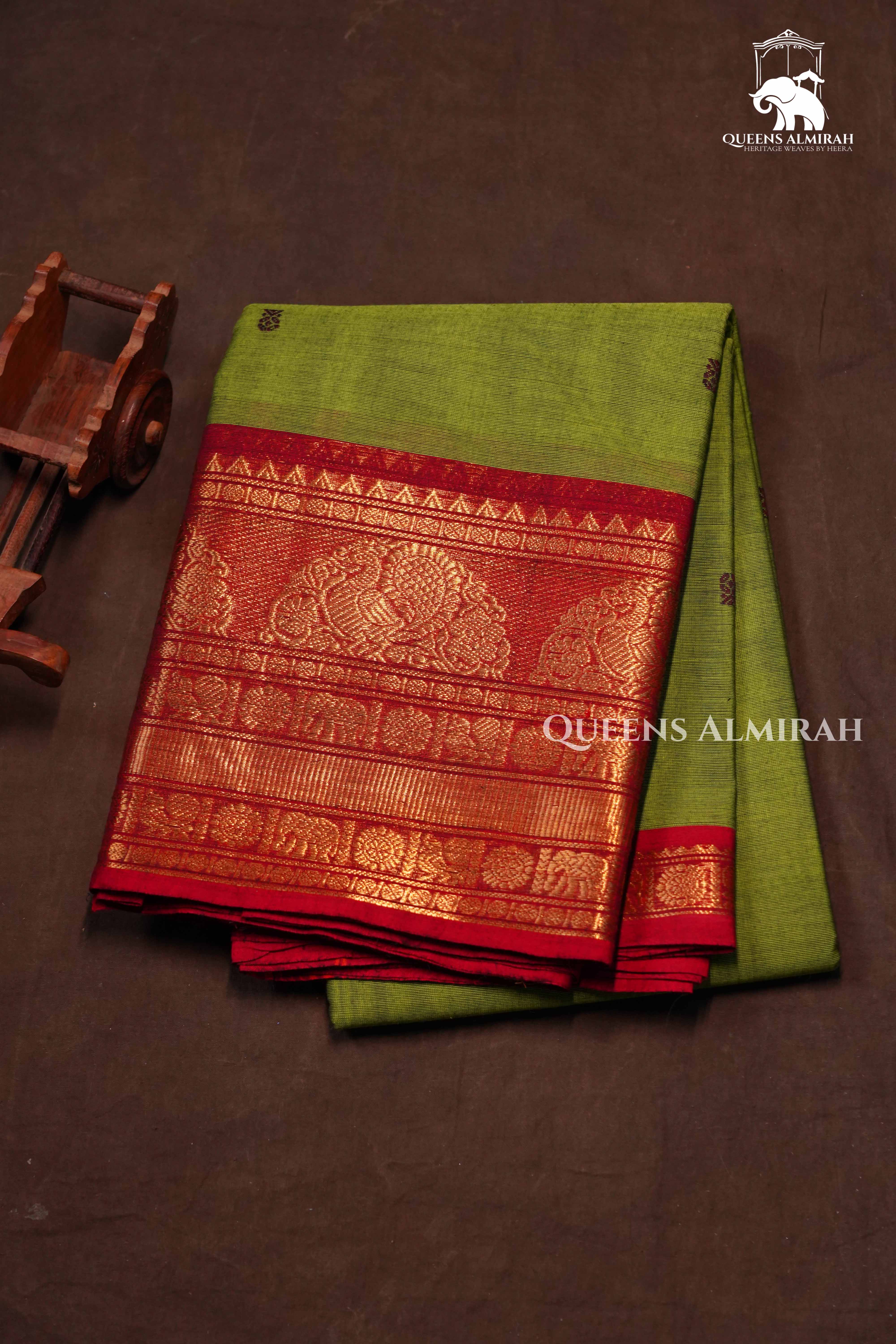Olive Green With Red Kanchi Cotton Saree