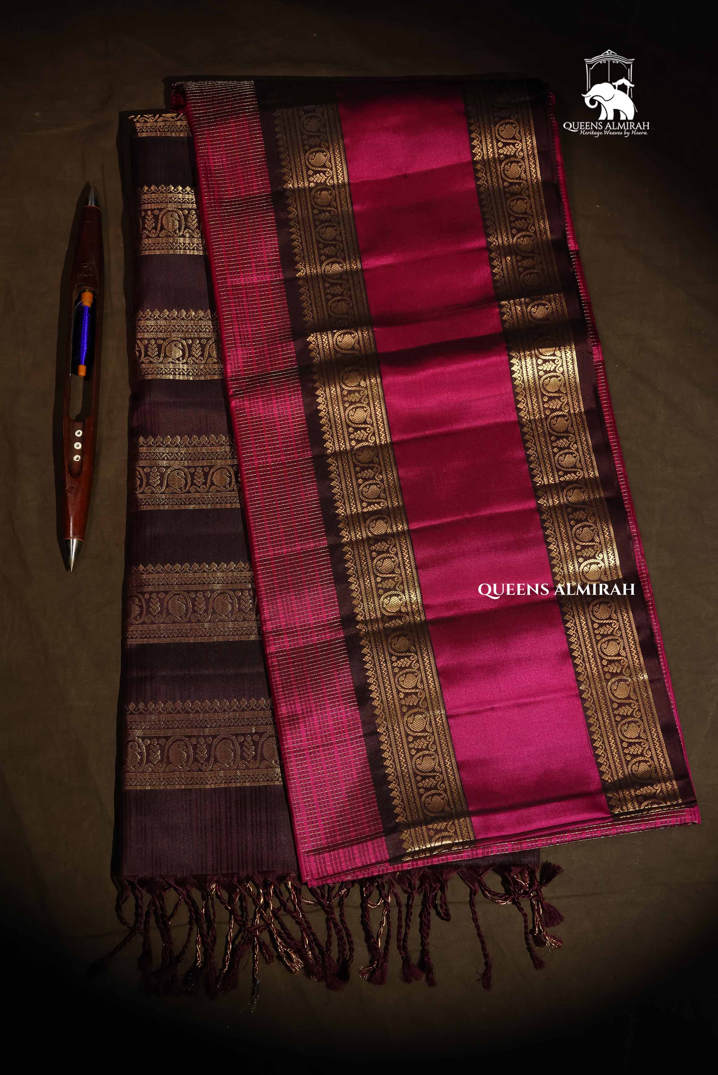 Magenta Pink With Dark Chocolate Brown Payadi Pure Soft Silk Saree