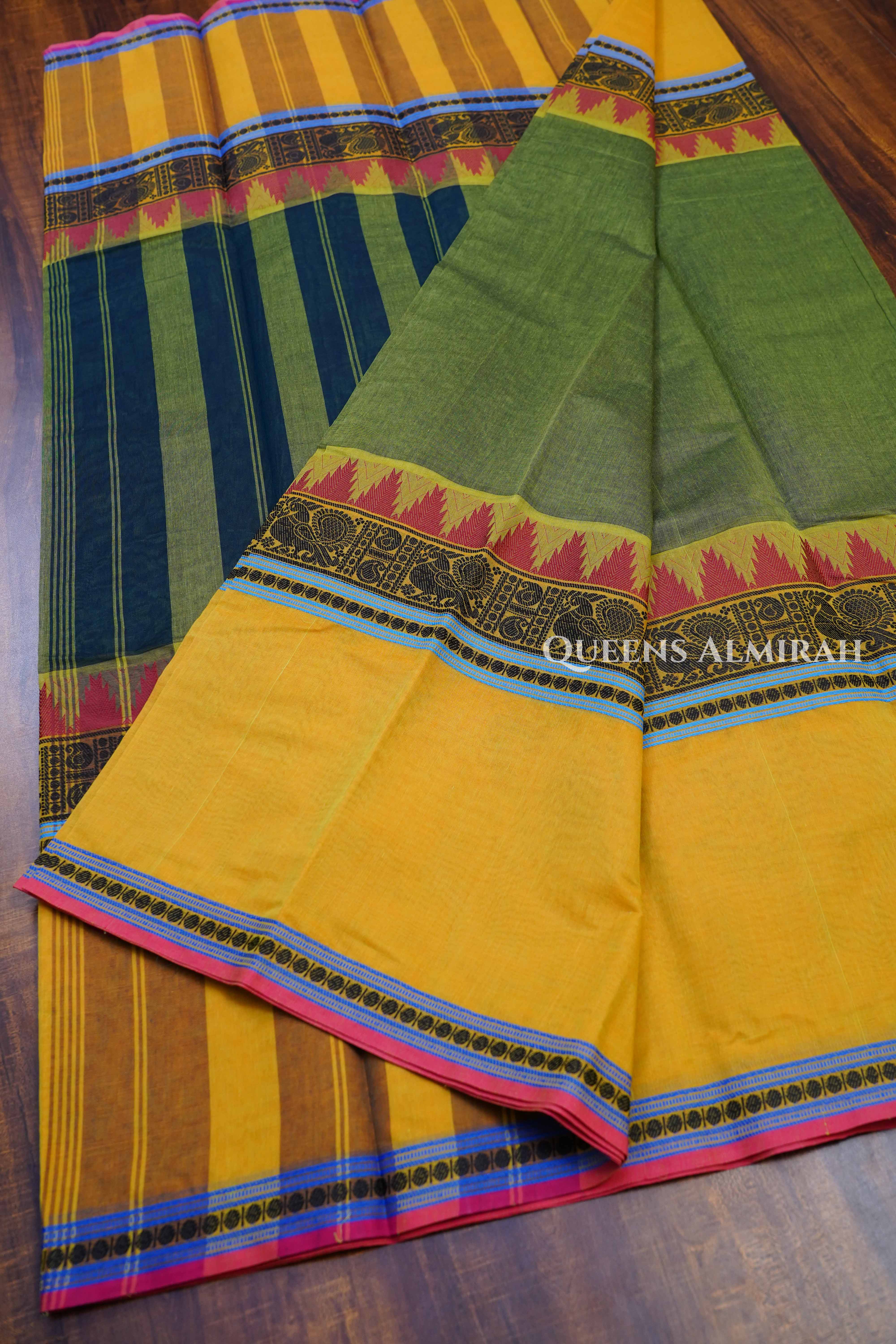 Paasa Pachai With Mustard Yellow Chettinad Cotton Saree