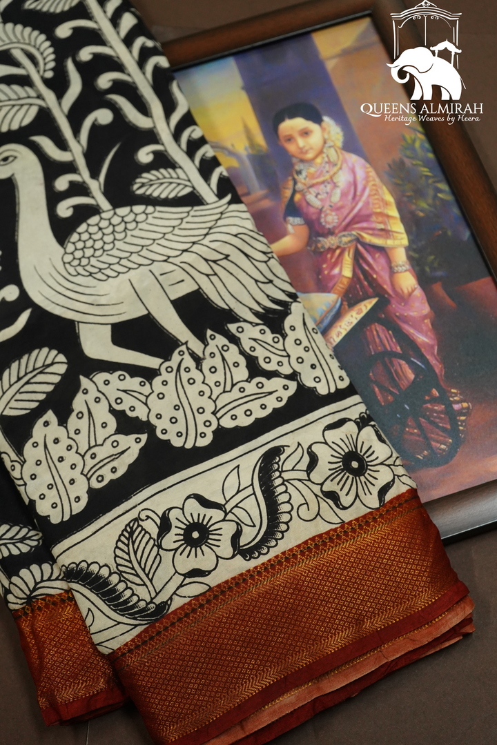 BLACK WITH RED AND GOLDEN BORDER MANGALGIRI SAREE - Queens Jewel Emporium