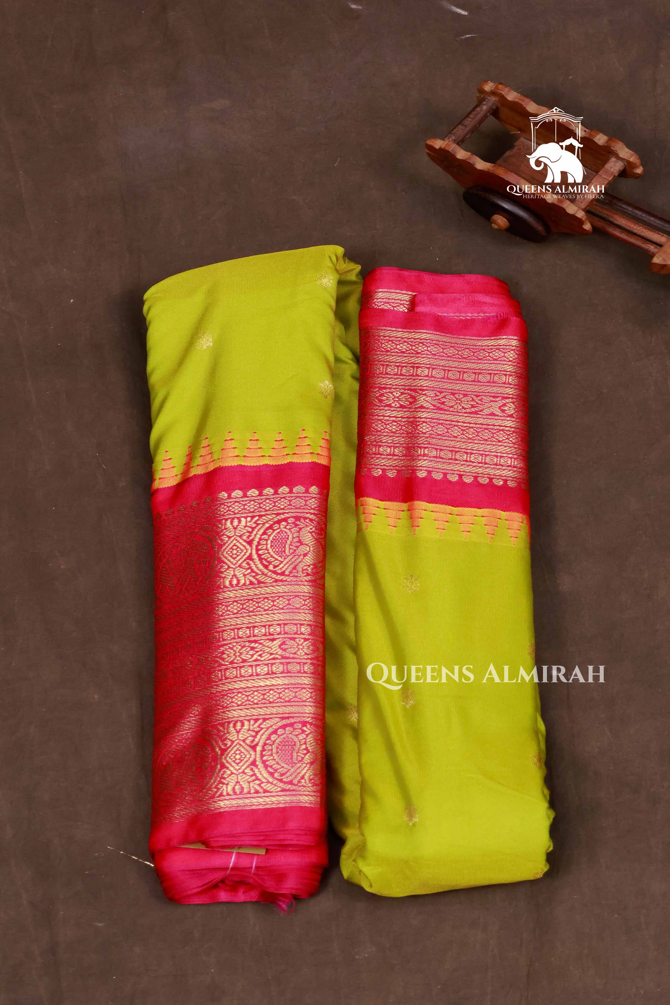 Parrot Green And Rani Pink Semi Gadwal Silk Saree
