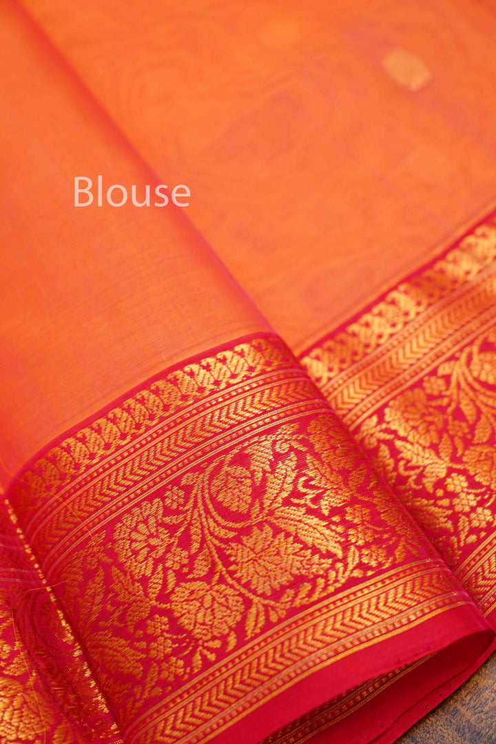 SUNRISE ORANGE KATAN HANDLOOM PURE CHANDERI SILK SAREE - Queens Jewel Emporium
