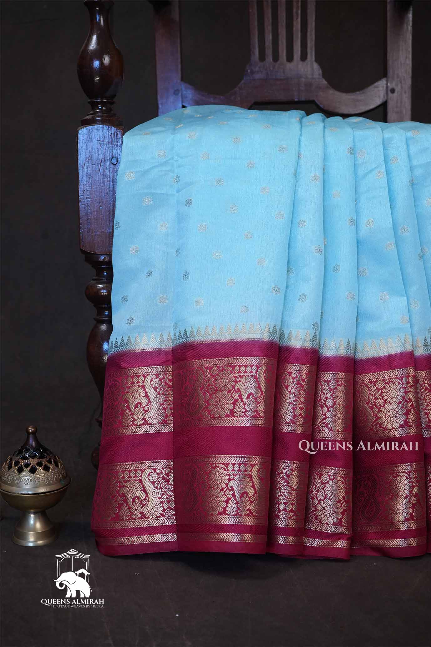 Ice Blue With Maroon Semi Banarasi Katan Soft Silk Saree