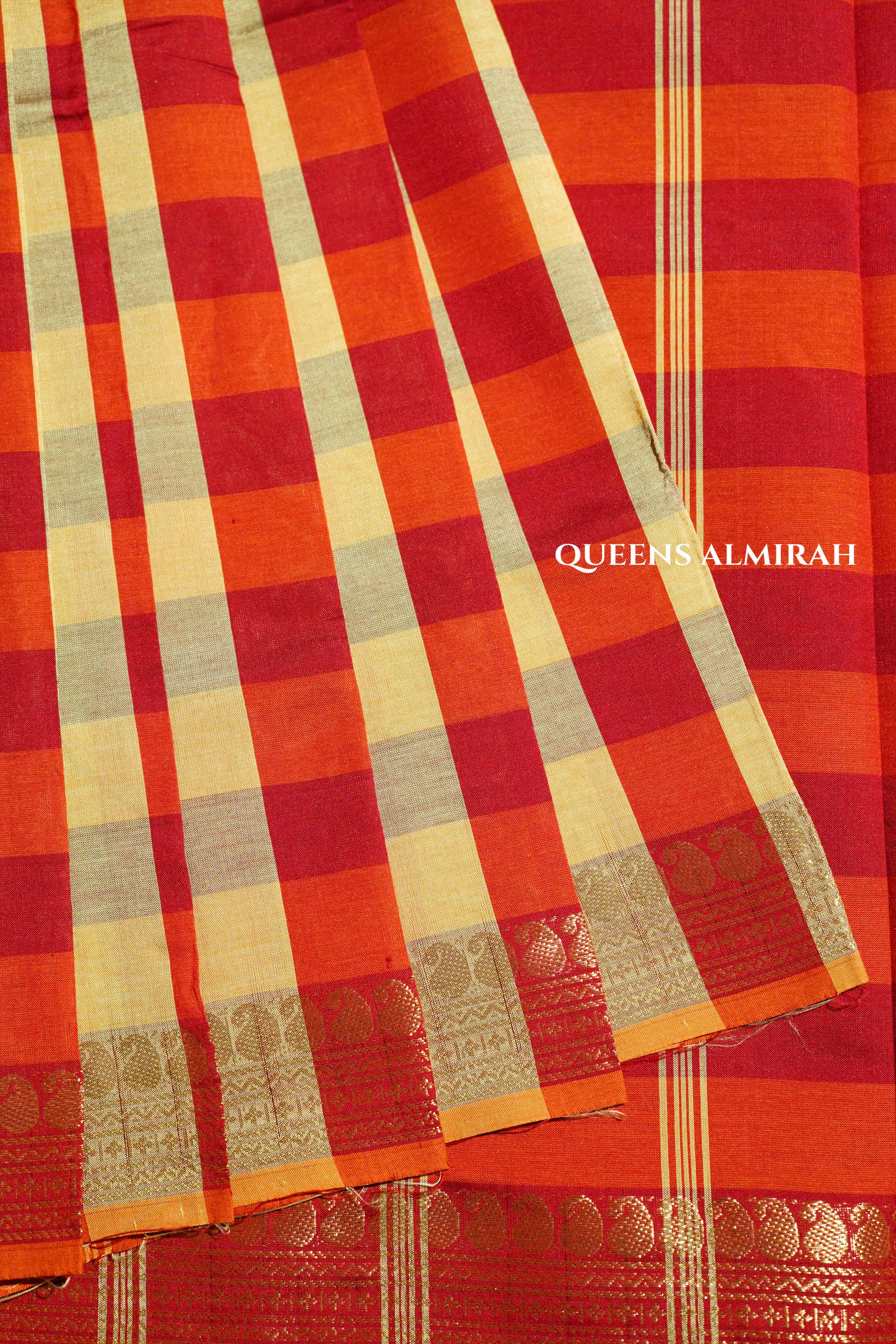 Red With Pastel Yellow Checks Semi Silk Cotton Saree