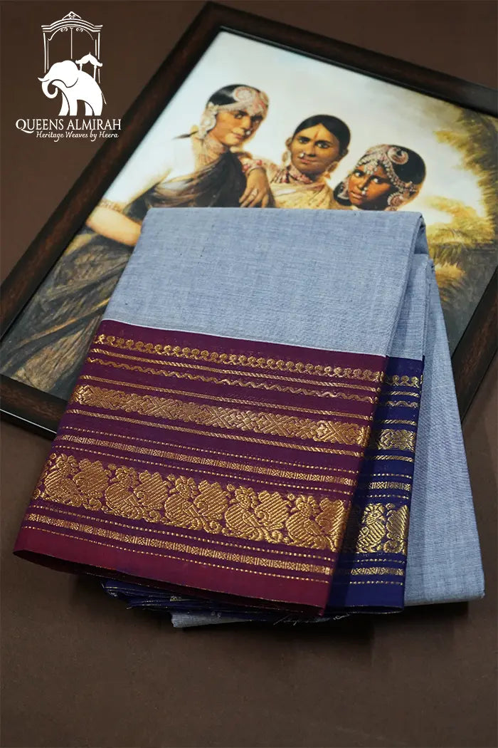 ALUMINIM WITH GRAPH  GOLDEN BORDER KANCHI COTTON SAREE - Queens Jewel Emporium
