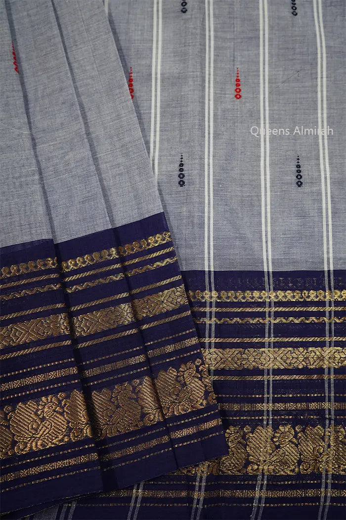 ALUMINIM WITH GRAPH  GOLDEN BORDER KANCHI COTTON SAREE - Queens Jewel Emporium