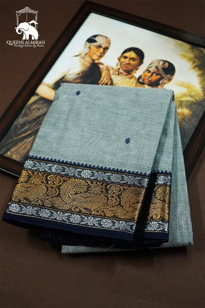 ALUMINIUM WITH DARK BLUE KANCHI COTTON SAREE - Queens Jewel Emporium
