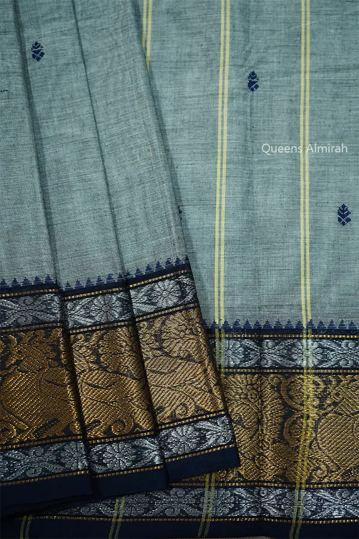 ALUMINIUM WITH DARK BLUE KANCHI COTTON SAREE - Queens Jewel Emporium
