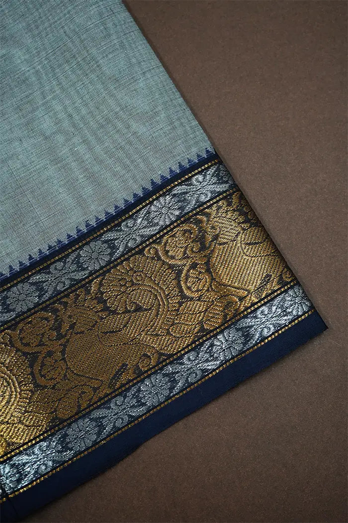 ALUMINIUM WITH DARK BLUE KANCHI COTTON SAREE - Queens Jewel Emporium