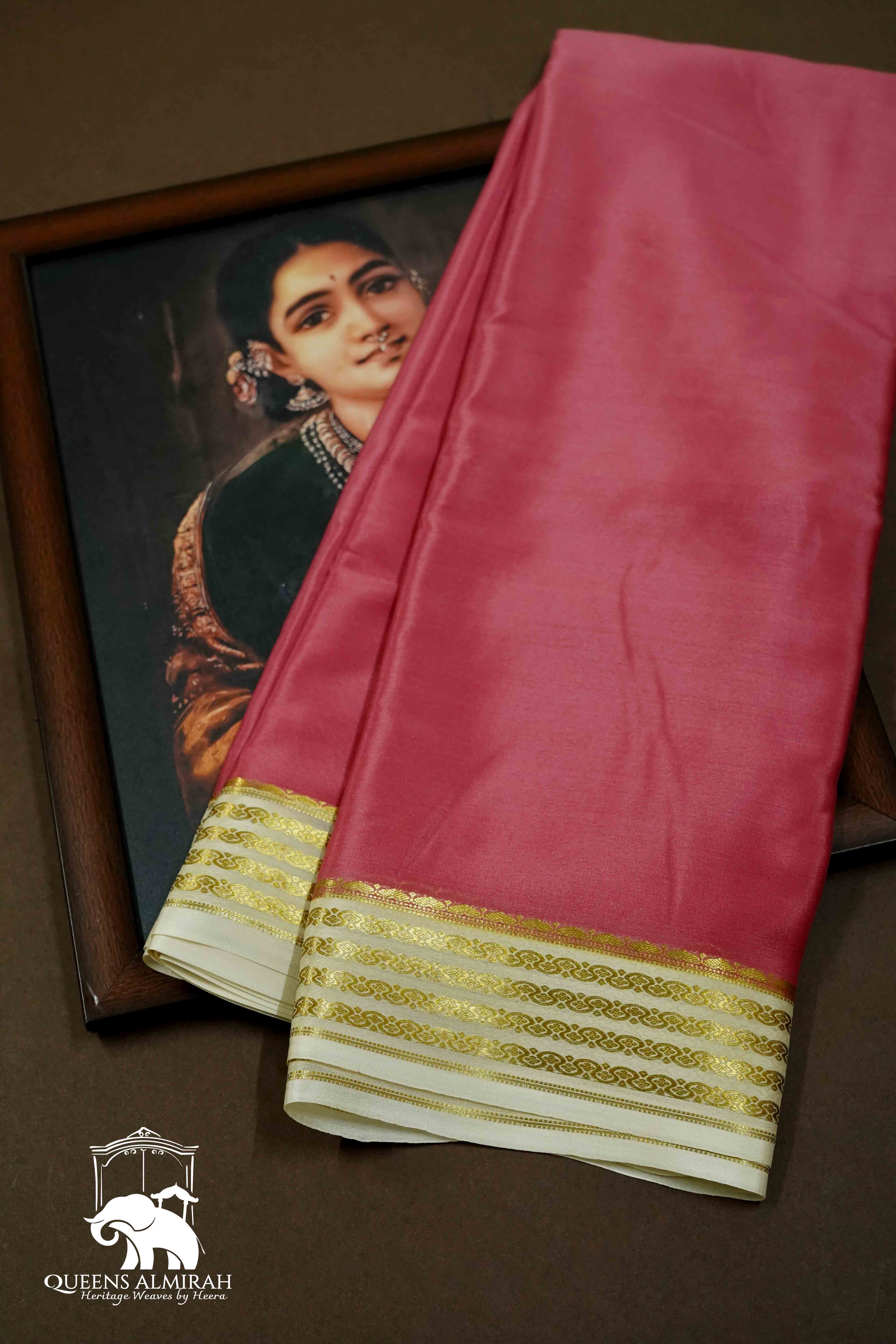 APPLE BLOSSEM WITH SANDAL MYSORE SILK SAREE - Queens Jewel Emporium