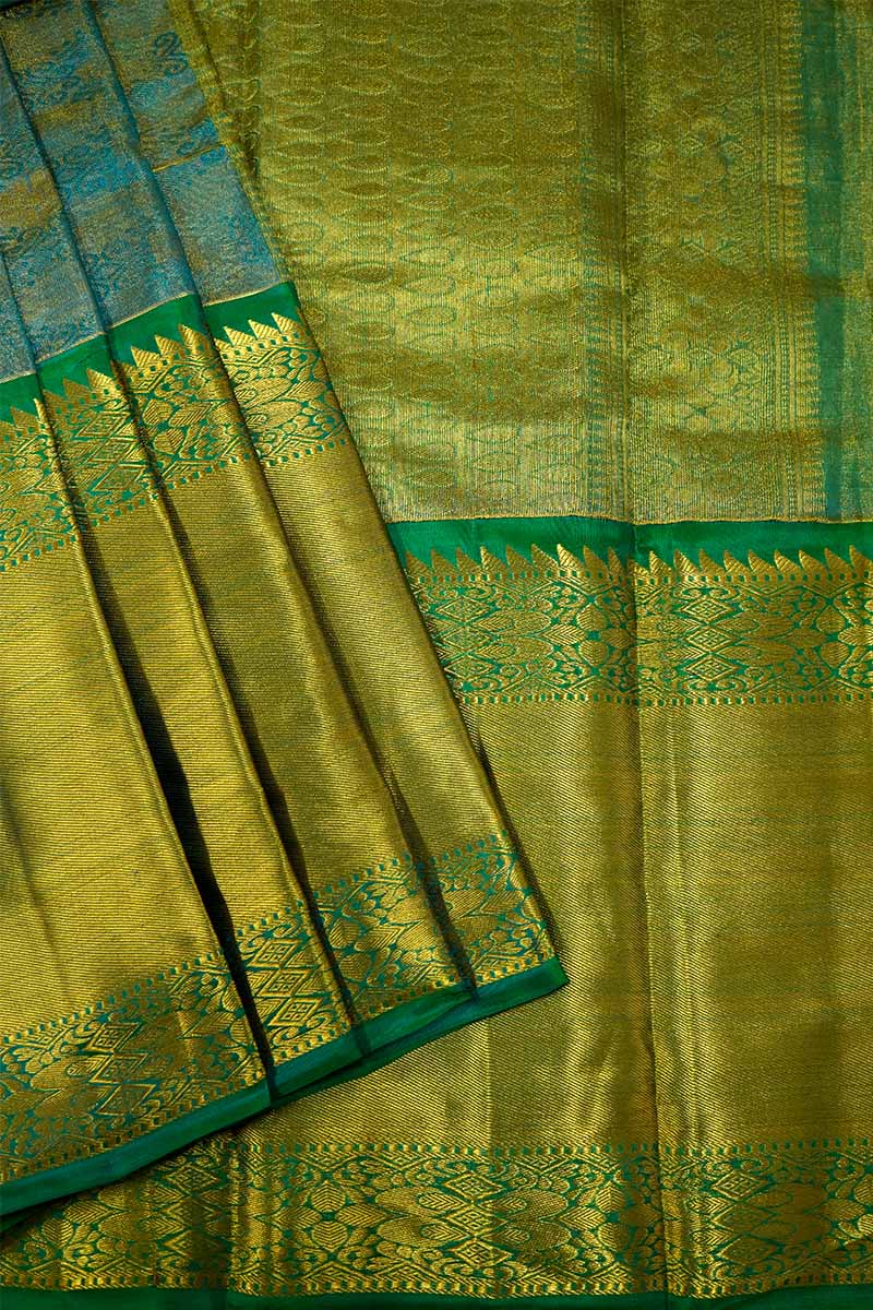 AQUA BLUE WITH GREEN KANCHI TISSUE SAREE - Queens Jewel Emporium