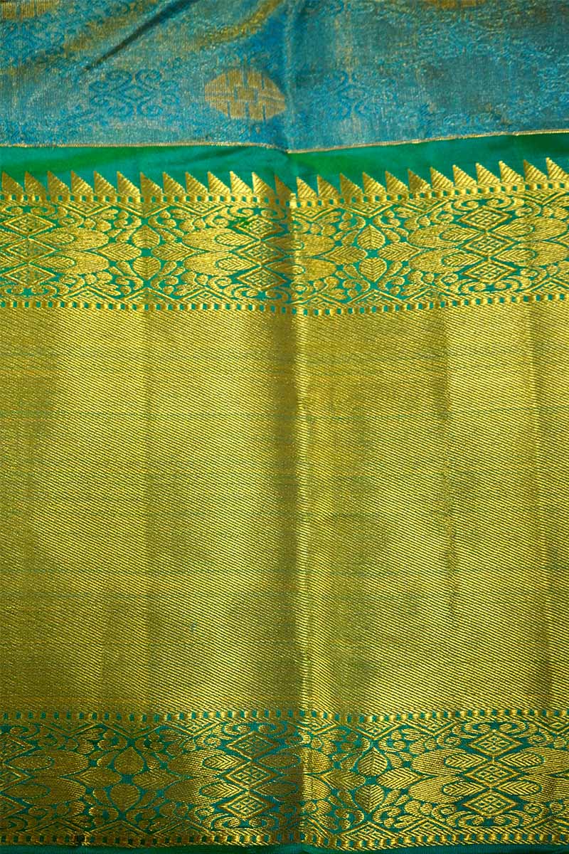 AQUA BLUE WITH GREEN KANCHI TISSUE SAREE - Queens Jewel Emporium