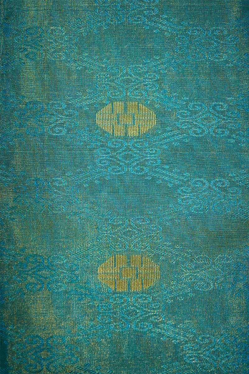 AQUA BLUE WITH GREEN KANCHI TISSUE SAREE - Queens Jewel Emporium