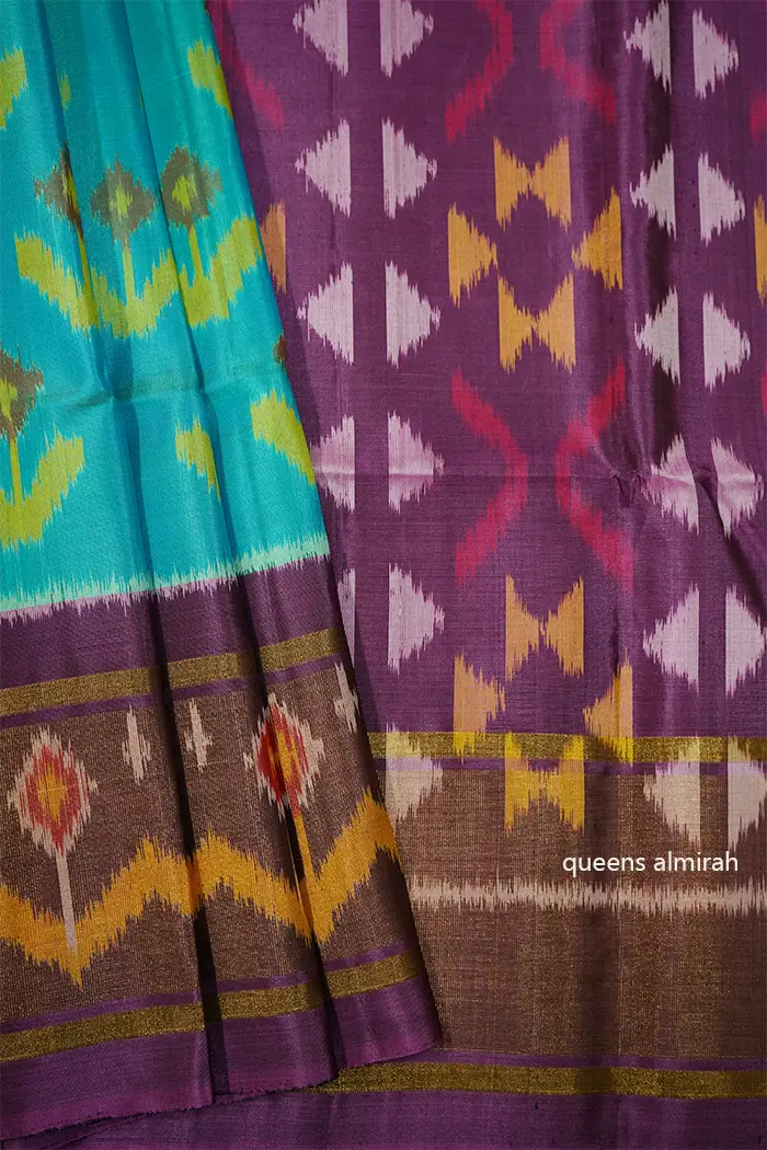 AQUA BLUE WITH PURPLE SOFT SILK SAREE - Queens Jewel Emporium