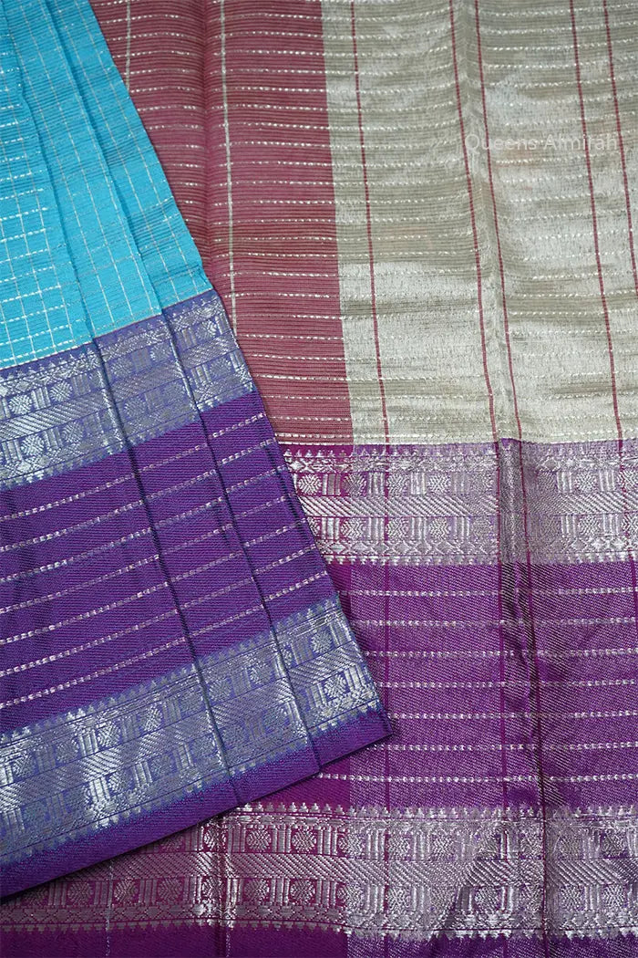 AQUA BLUE WITH RICH PURPLE  MANGALGIRI SAREE - Queens Jewel Emporium