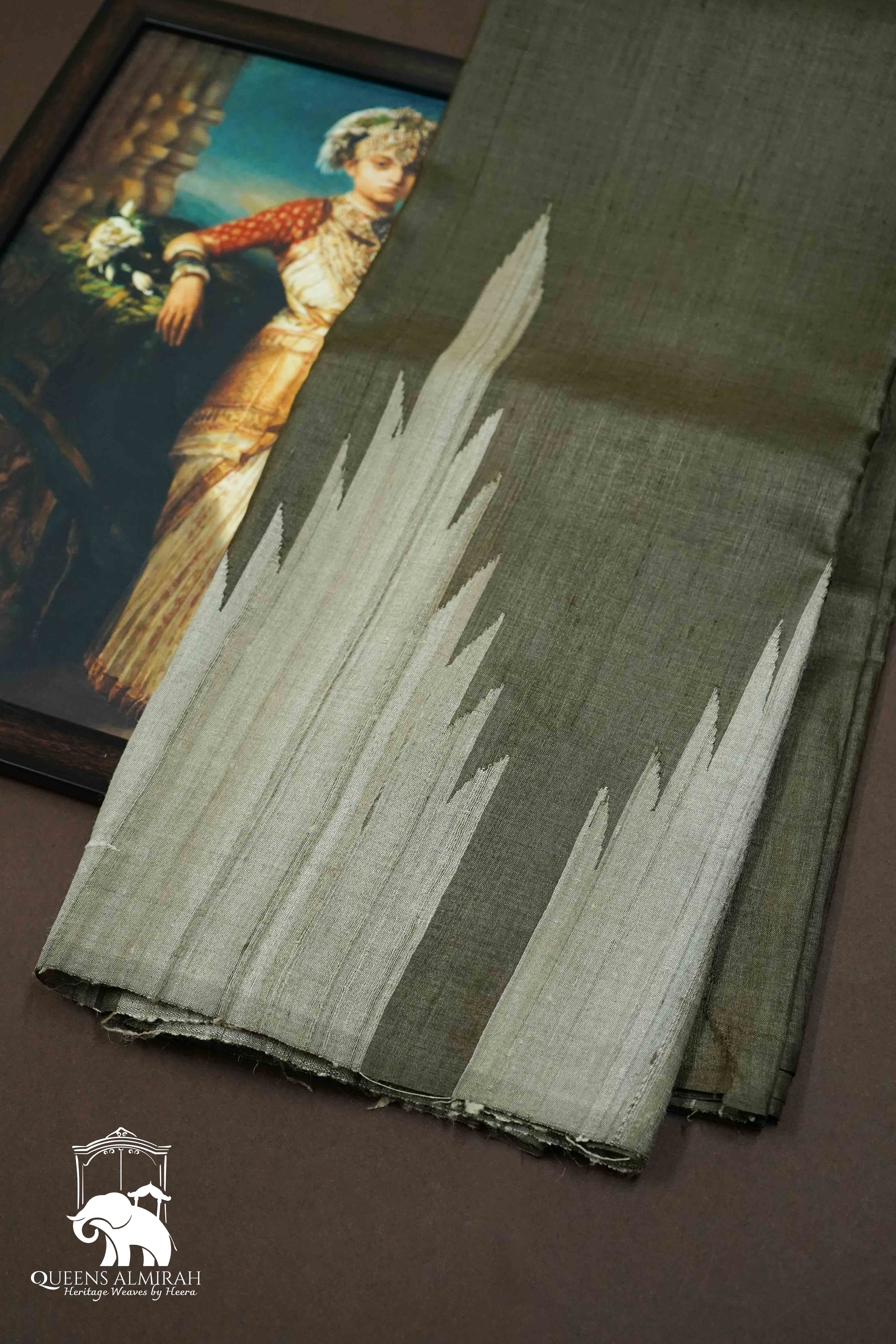 ARMY BROWN WITH GREY OLIVE GHICHA TUSSAR SILK SAREE - Queens Jewel Emporium