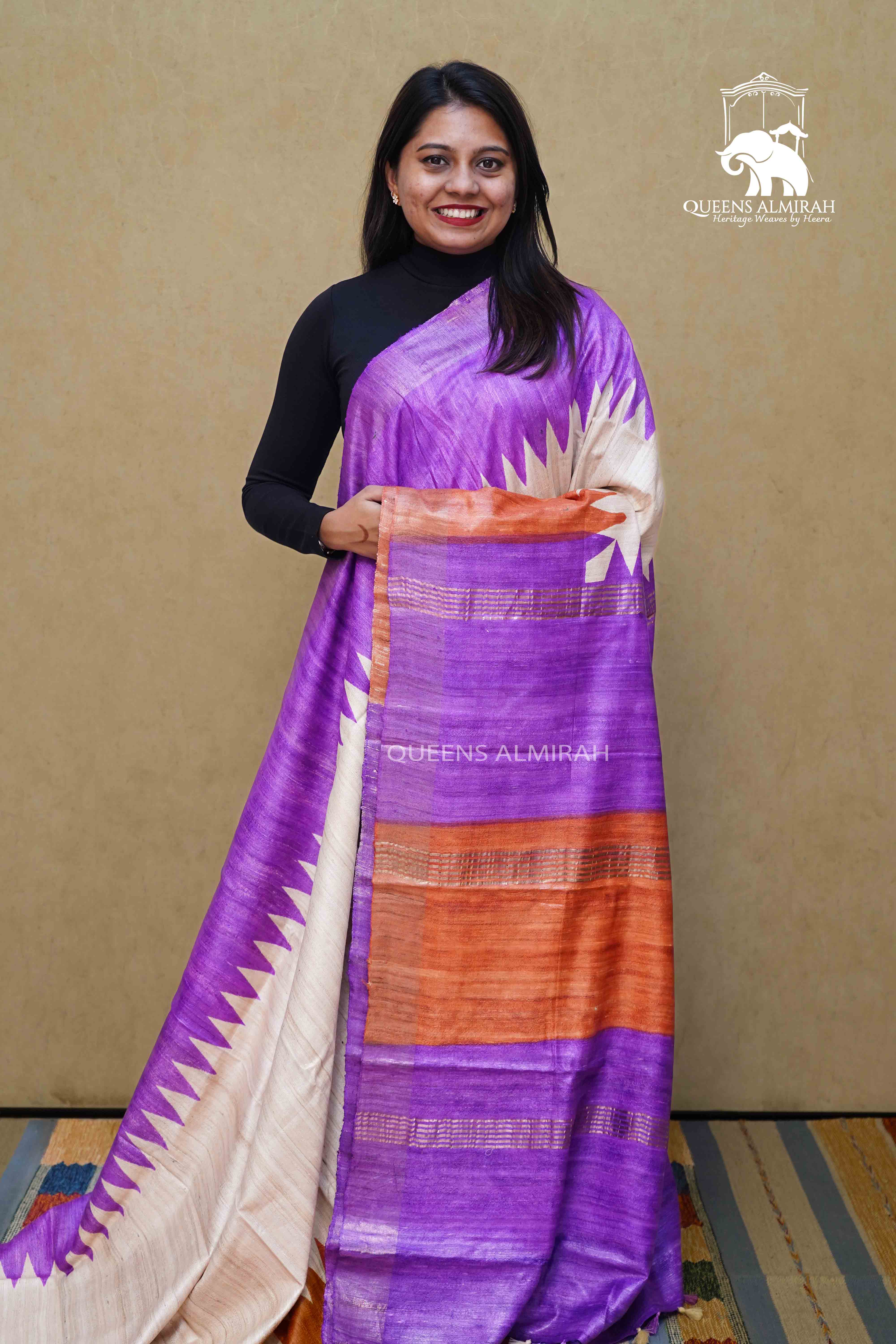 ASH GREY WITH BROWN RUST GHICHA TUSSAR SILK SAREE - Queens Jewel Emporium