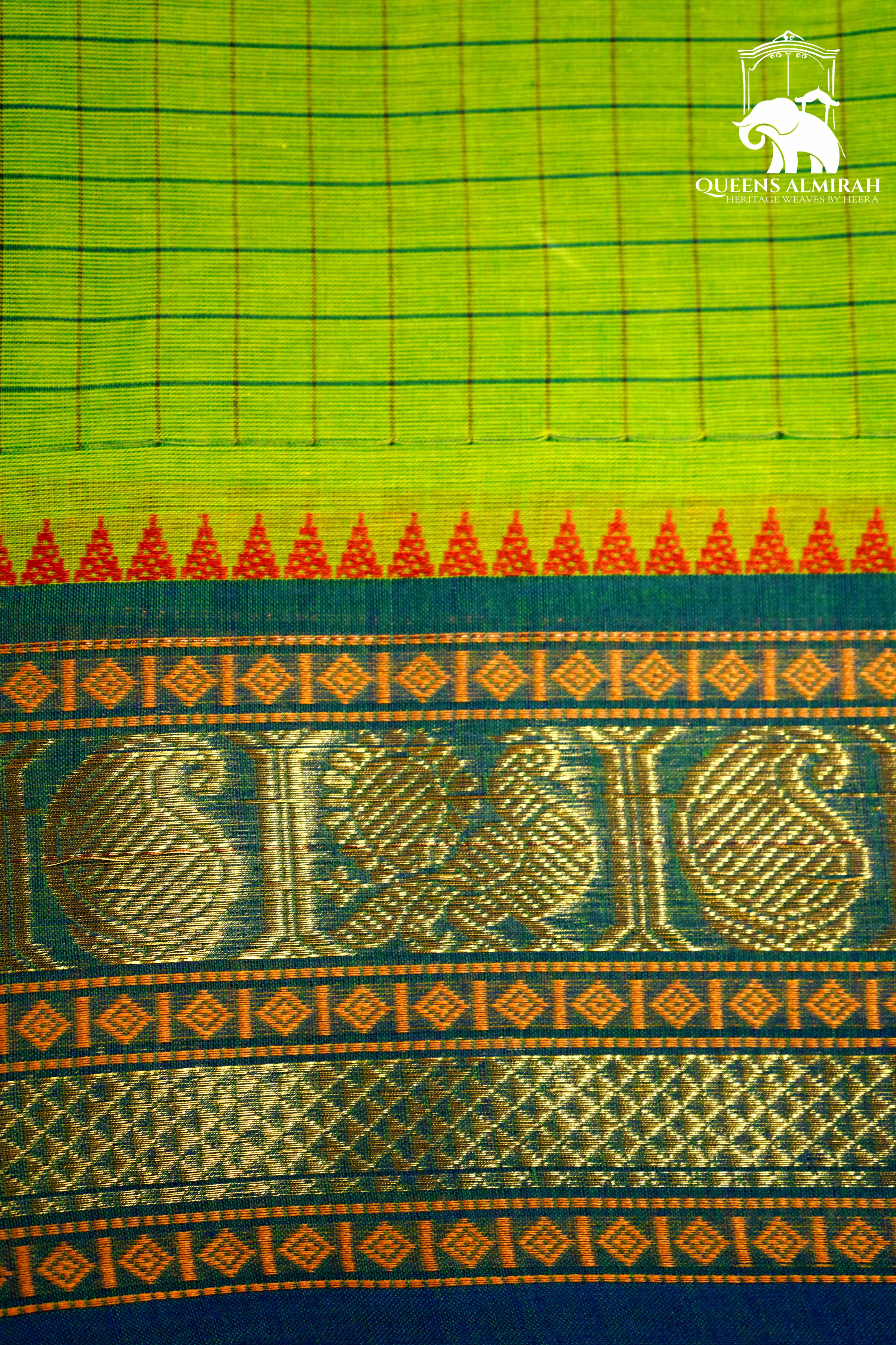 AVACADO GREEN WITH LAPIS BLUE KANCHI COTTON SAREE - Queens Jewel Emporium