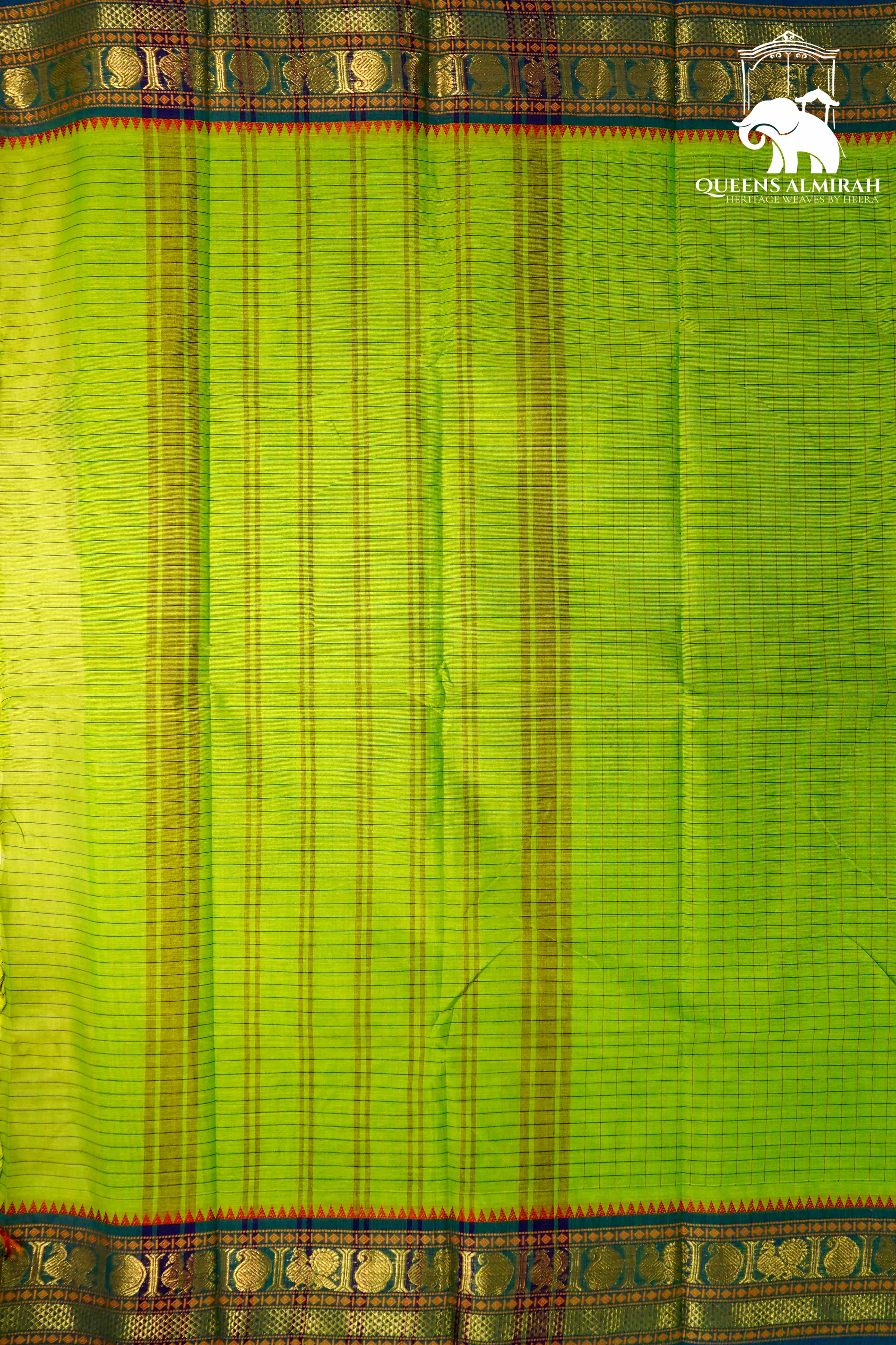 AVACADO GREEN WITH LAPIS BLUE KANCHI COTTON SAREE - Queens Jewel Emporium