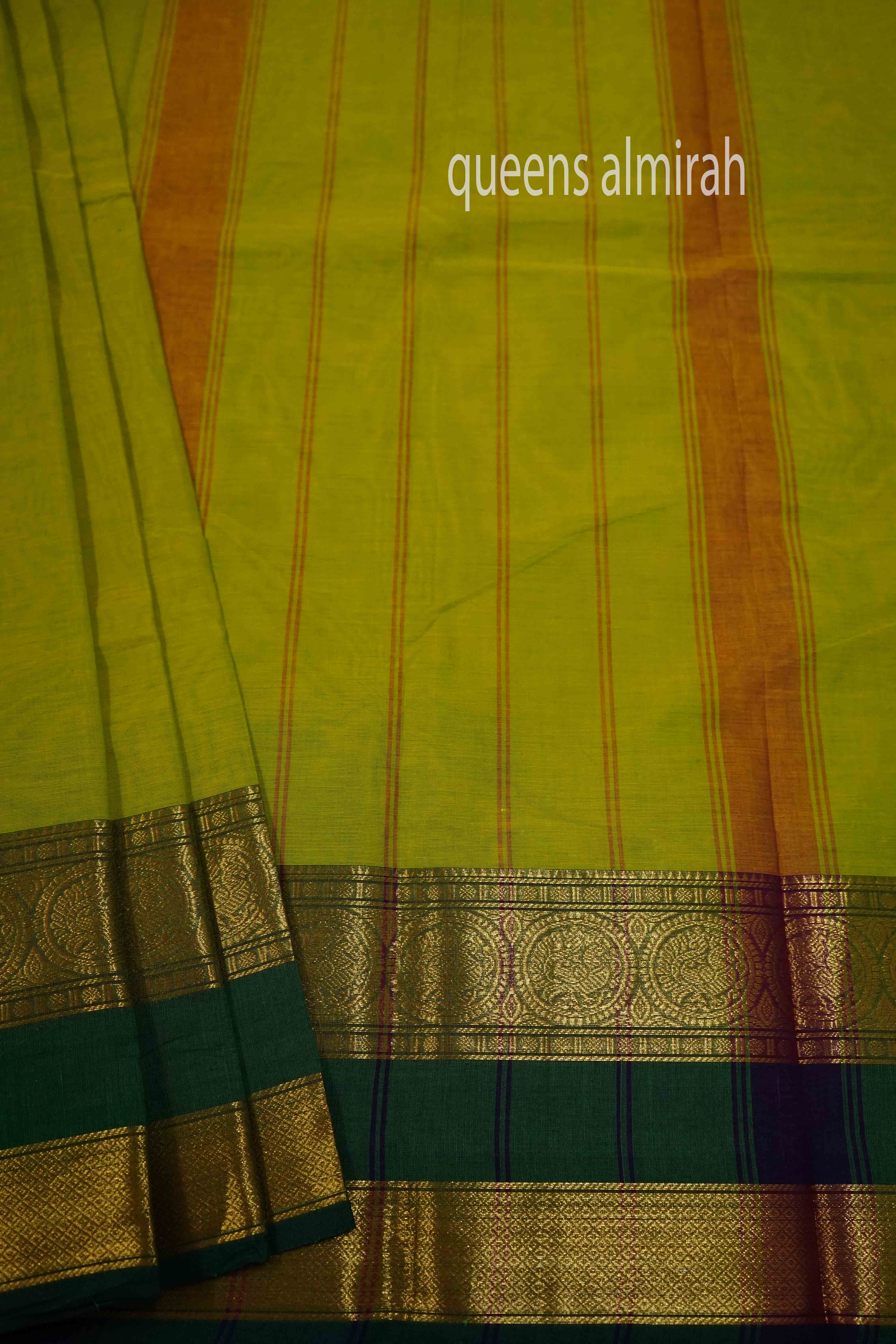 AVOCADO GREEN WITH LEAF GREEN KANCHI COTTON SAREE - Queens Jewel Emporium
