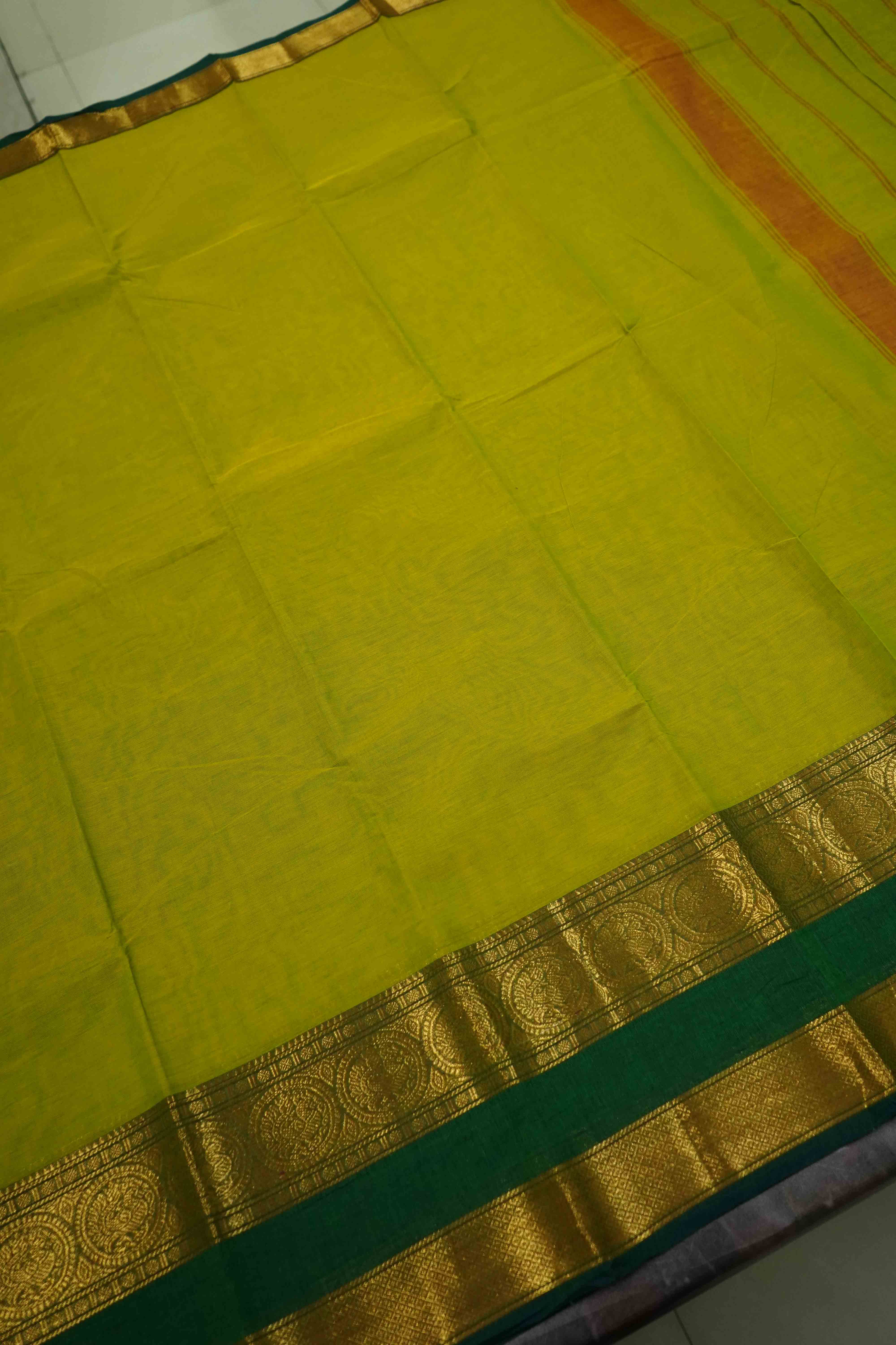 AVOCADO GREEN WITH LEAF GREEN KANCHI COTTON SAREE - Queens Jewel Emporium