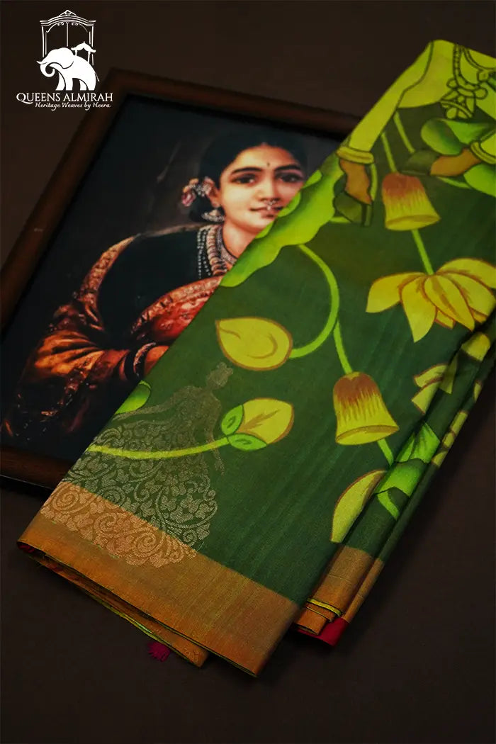 AVOCADO GREEN WITH LEMON GINGER KANCHIVARAM SILK SAREE - Queens Jewel Emporium