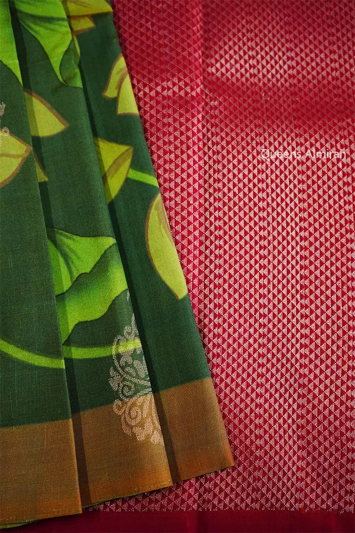 AVOCADO GREEN WITH LEMON GINGER KANCHIVARAM SILK SAREE - Queens Jewel Emporium