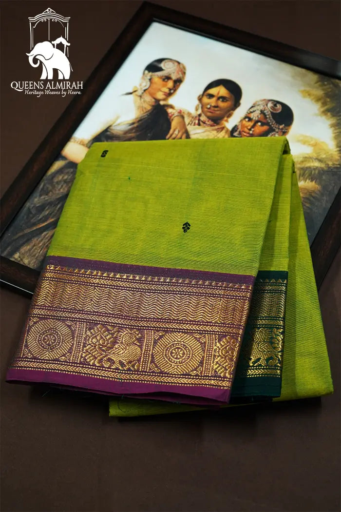 AVOCADO GREEN WITH MINERAL GREEN KANCHI COTTON SAREE - Queens Jewel Emporium