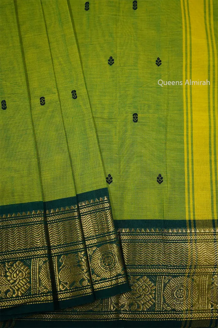 AVOCADO GREEN WITH MINERAL GREEN KANCHI COTTON SAREE - Queens Jewel Emporium
