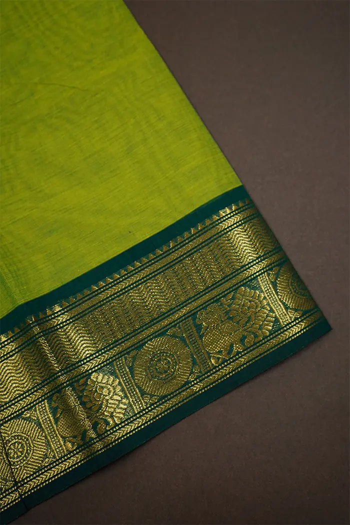 AVOCADO GREEN WITH MINERAL GREEN KANCHI COTTON SAREE - Queens Jewel Emporium