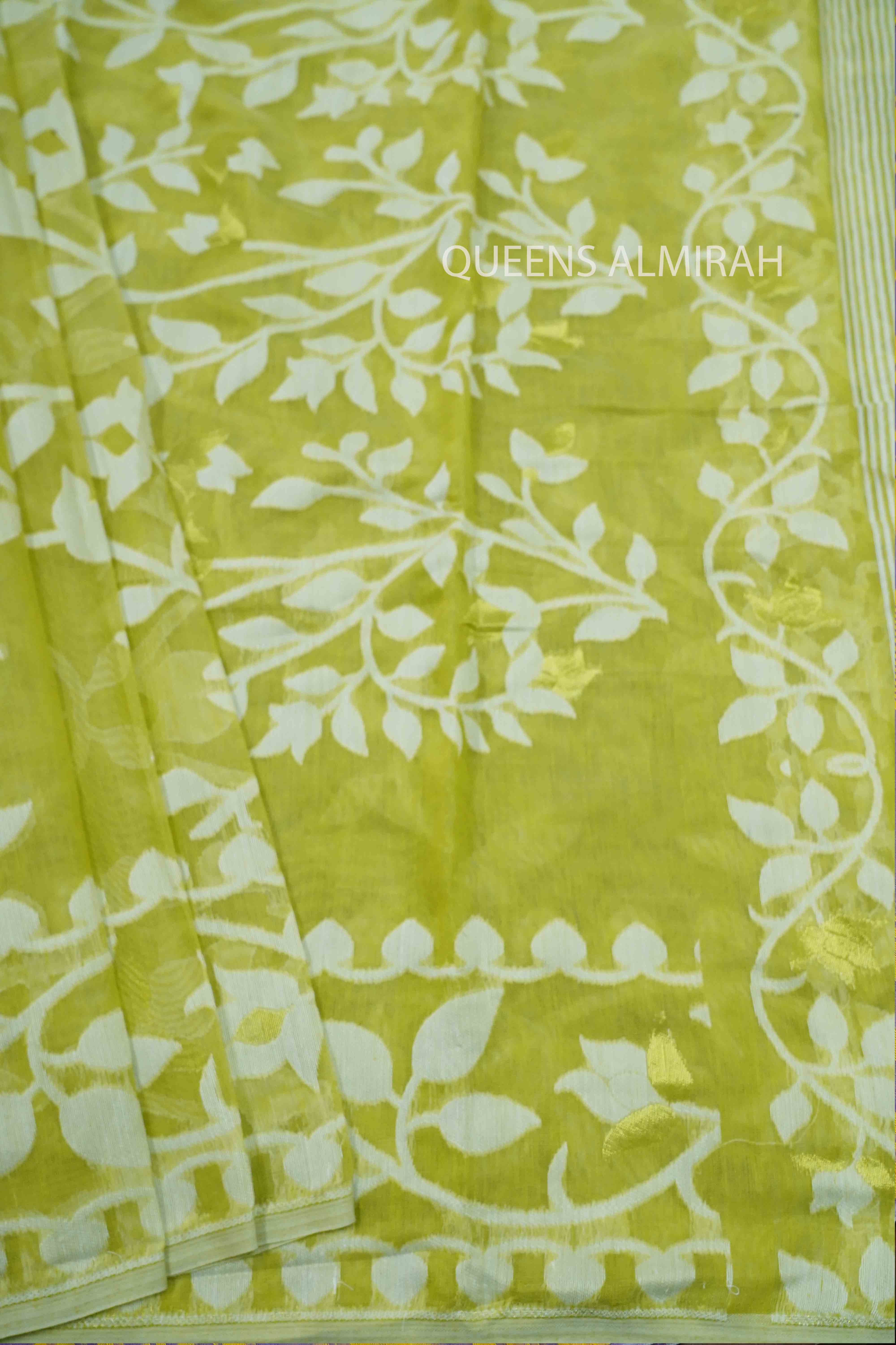 AVOCADO GREEN WITH WHITE JAMDANI COTTON SAREE - Queens Jewel Emporium