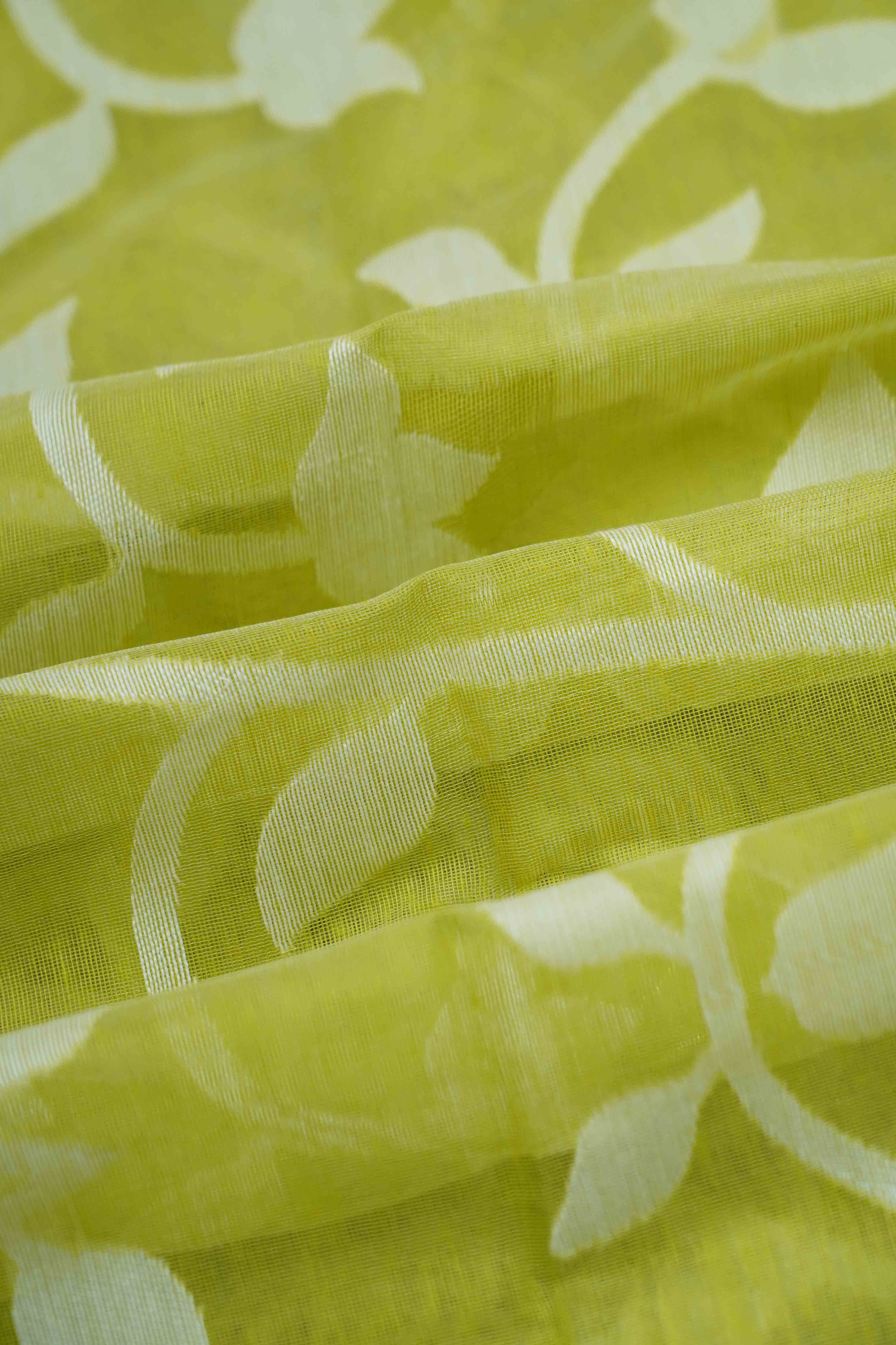AVOCADO GREEN WITH WHITE JAMDANI COTTON SAREE - Queens Jewel Emporium