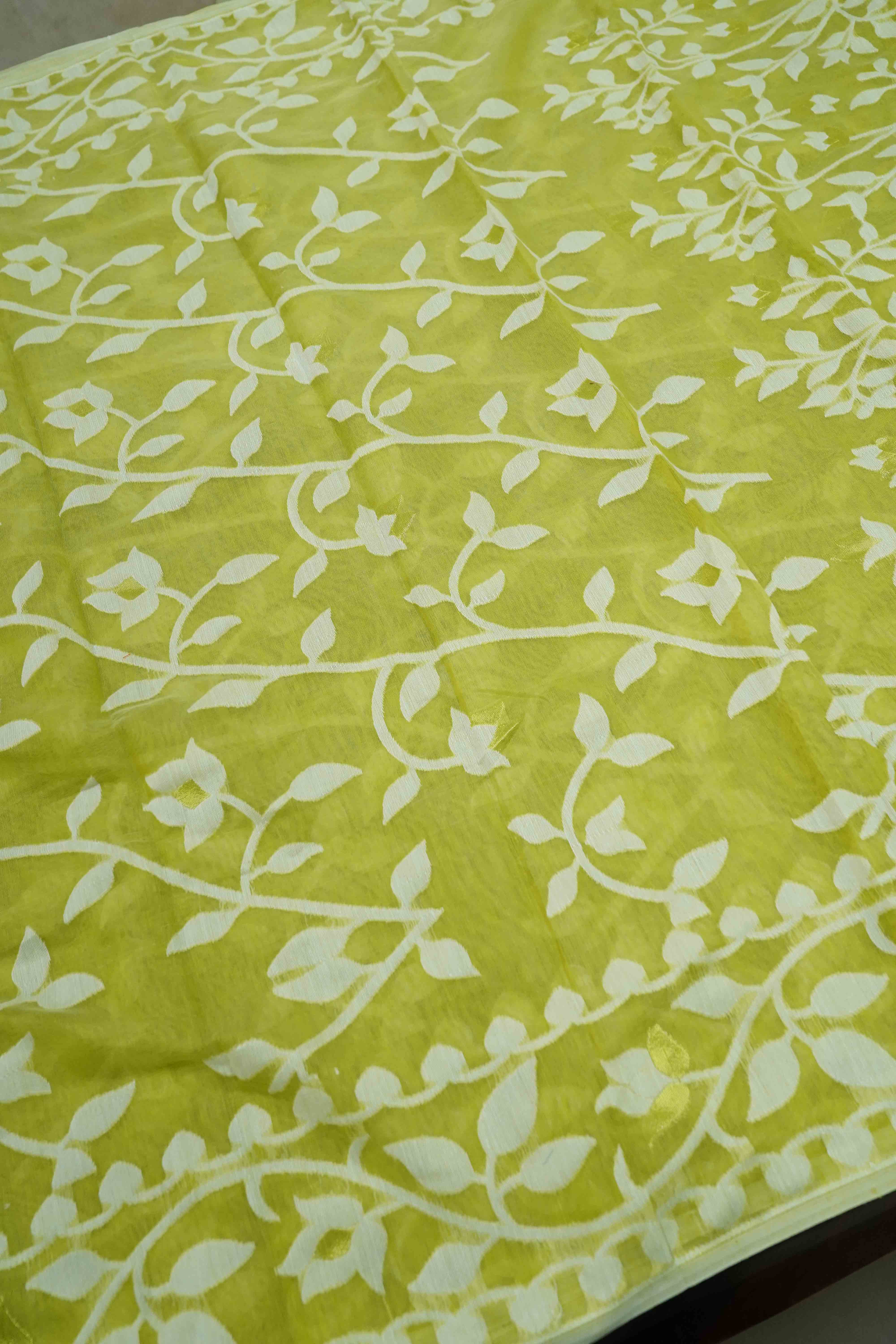 AVOCADO GREEN WITH WHITE JAMDANI COTTON SAREE - Queens Jewel Emporium