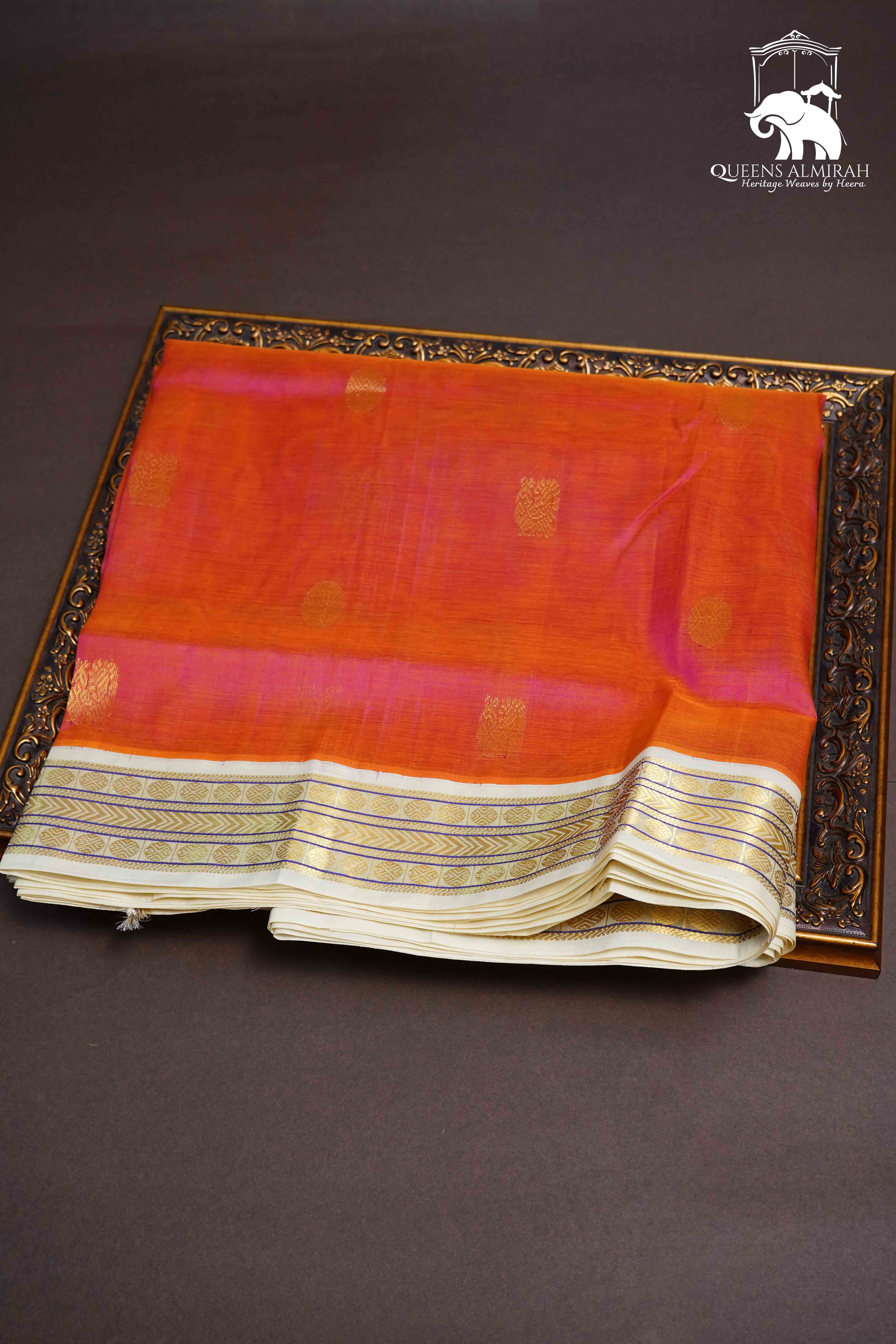 Apricots Orange With Off White Pure Silk Cotton Saree - Queens Jewel Emporium
