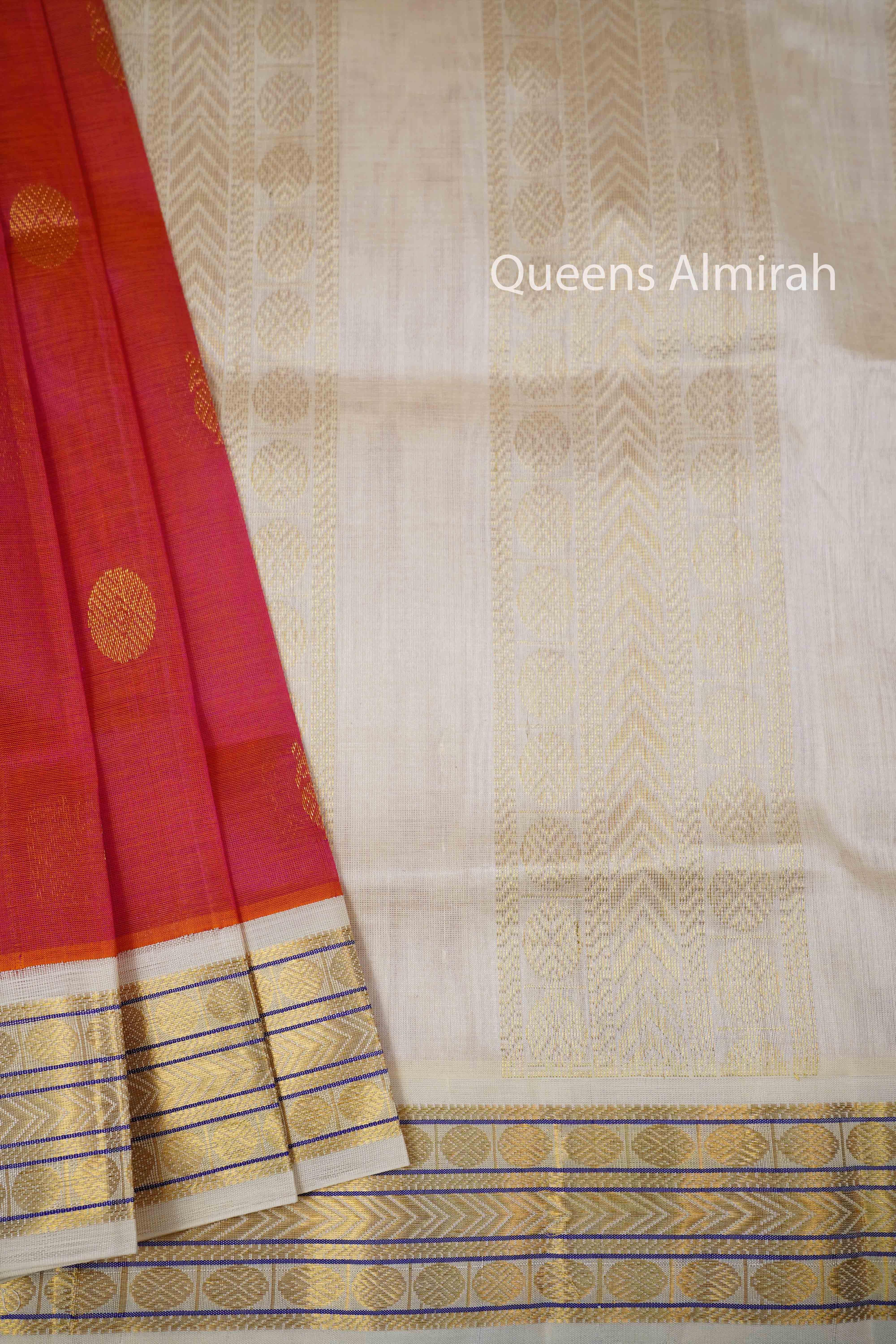 Apricots Orange With Off White Pure Silk Cotton Saree - Queens Jewel Emporium