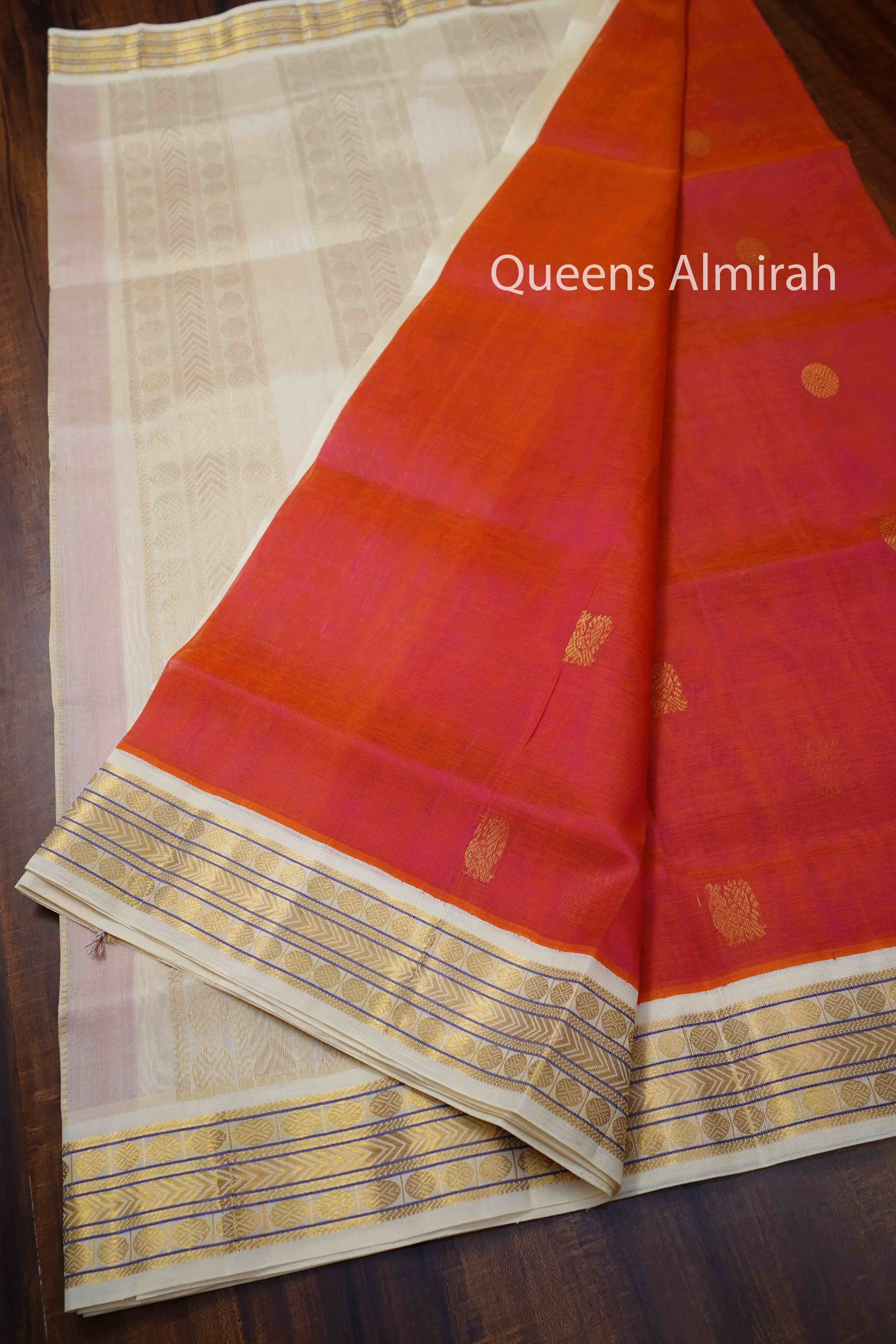 Apricots Orange With Off White Pure Silk Cotton Saree - Queens Jewel Emporium