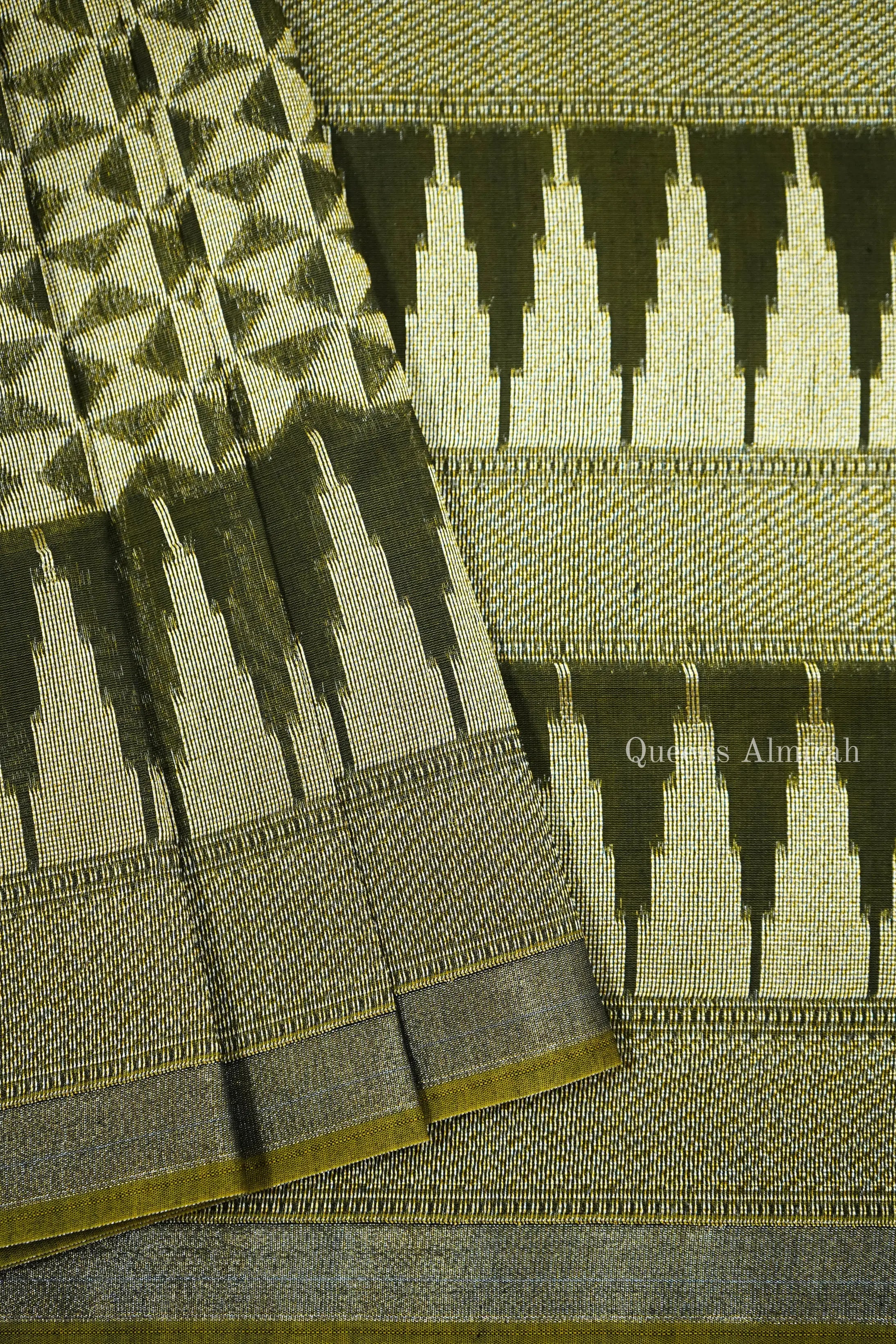 ARMY GREEN  BROCADE BANARASI SILK  SAREE - Queens Jewel Emporium