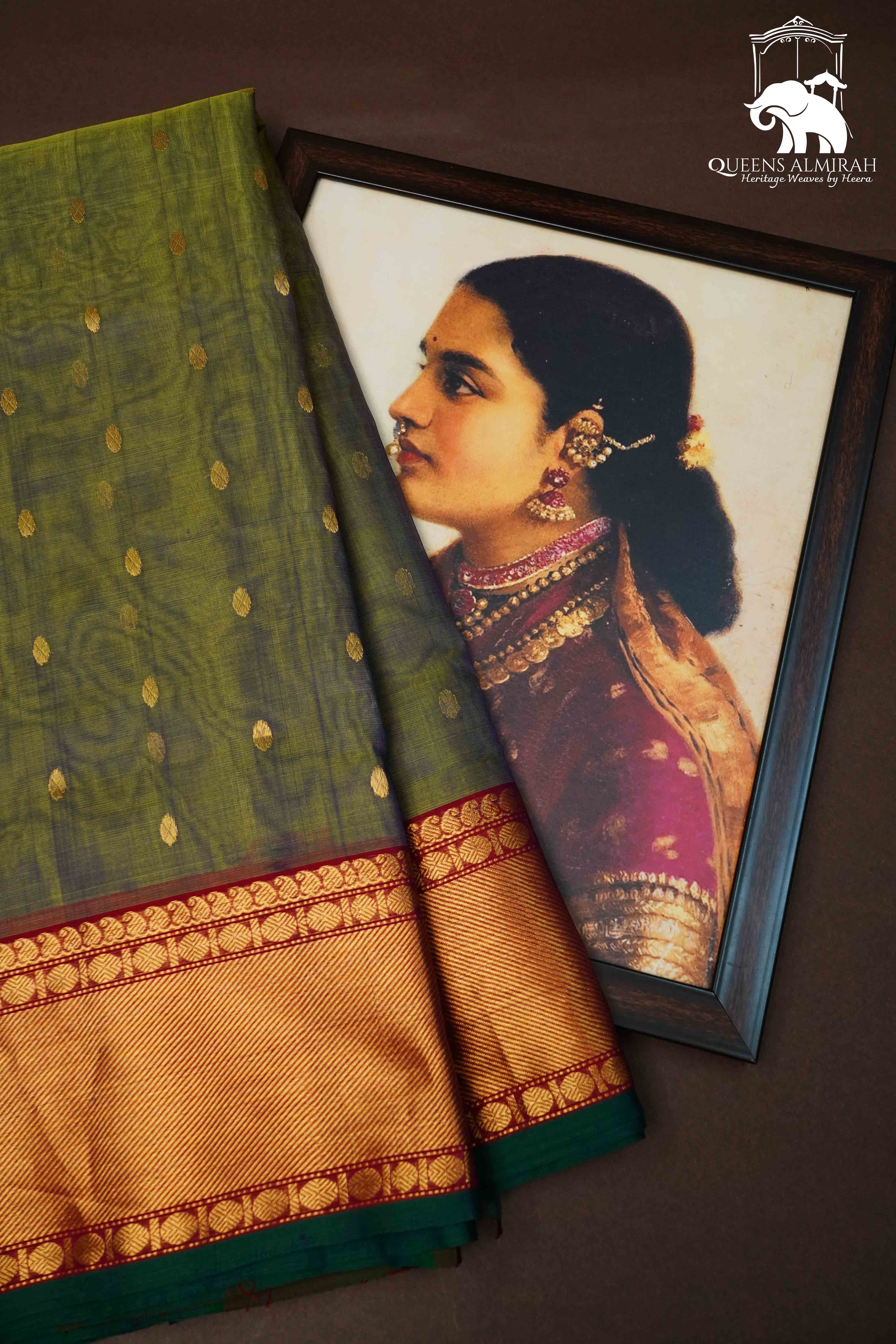 ARMY GREEN KATAN  HANDLOOM PURE CHANDERI SILK SAREE - Queens Jewel Emporium