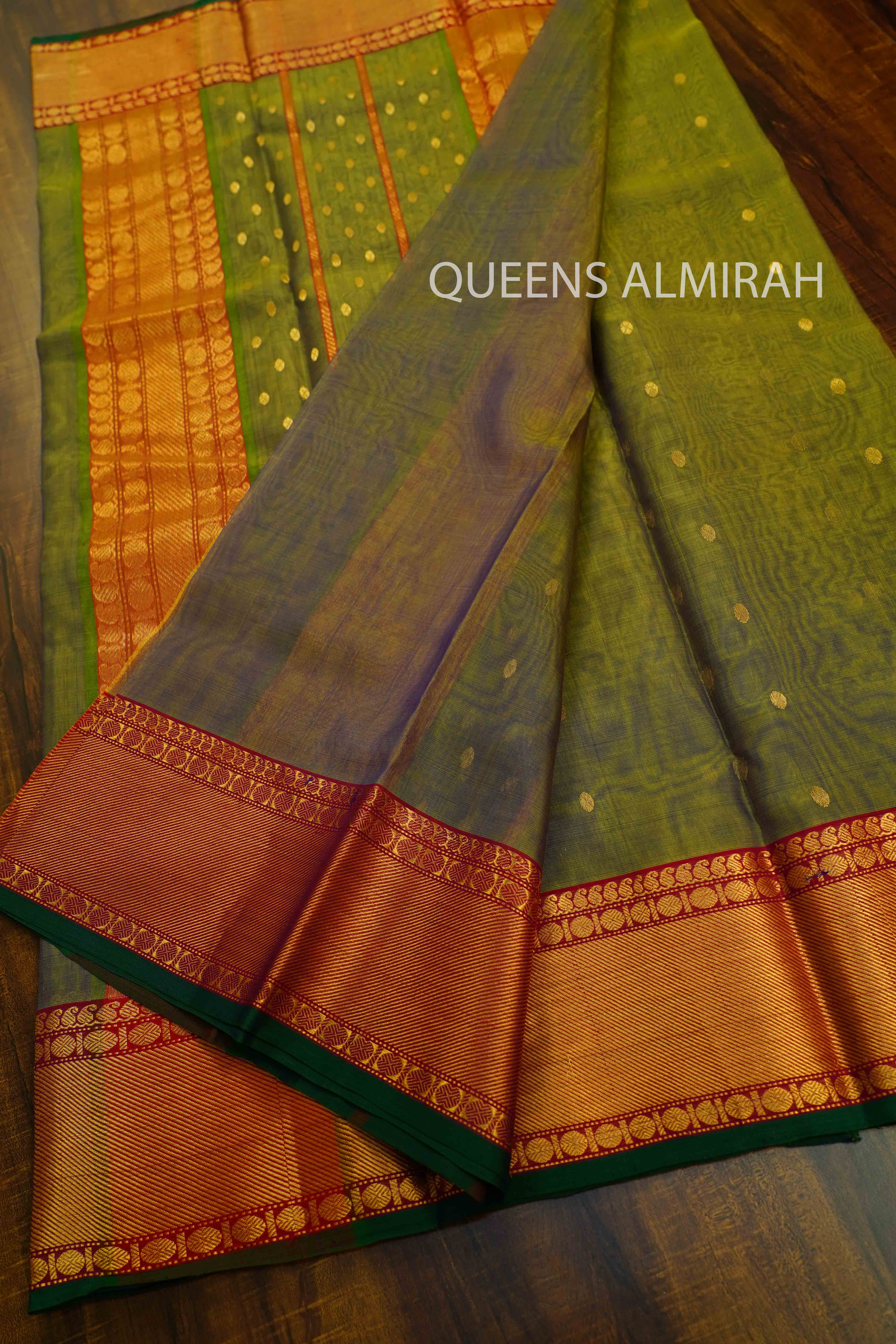ARMY GREEN KATAN  HANDLOOM PURE CHANDERI SILK SAREE - Queens Jewel Emporium