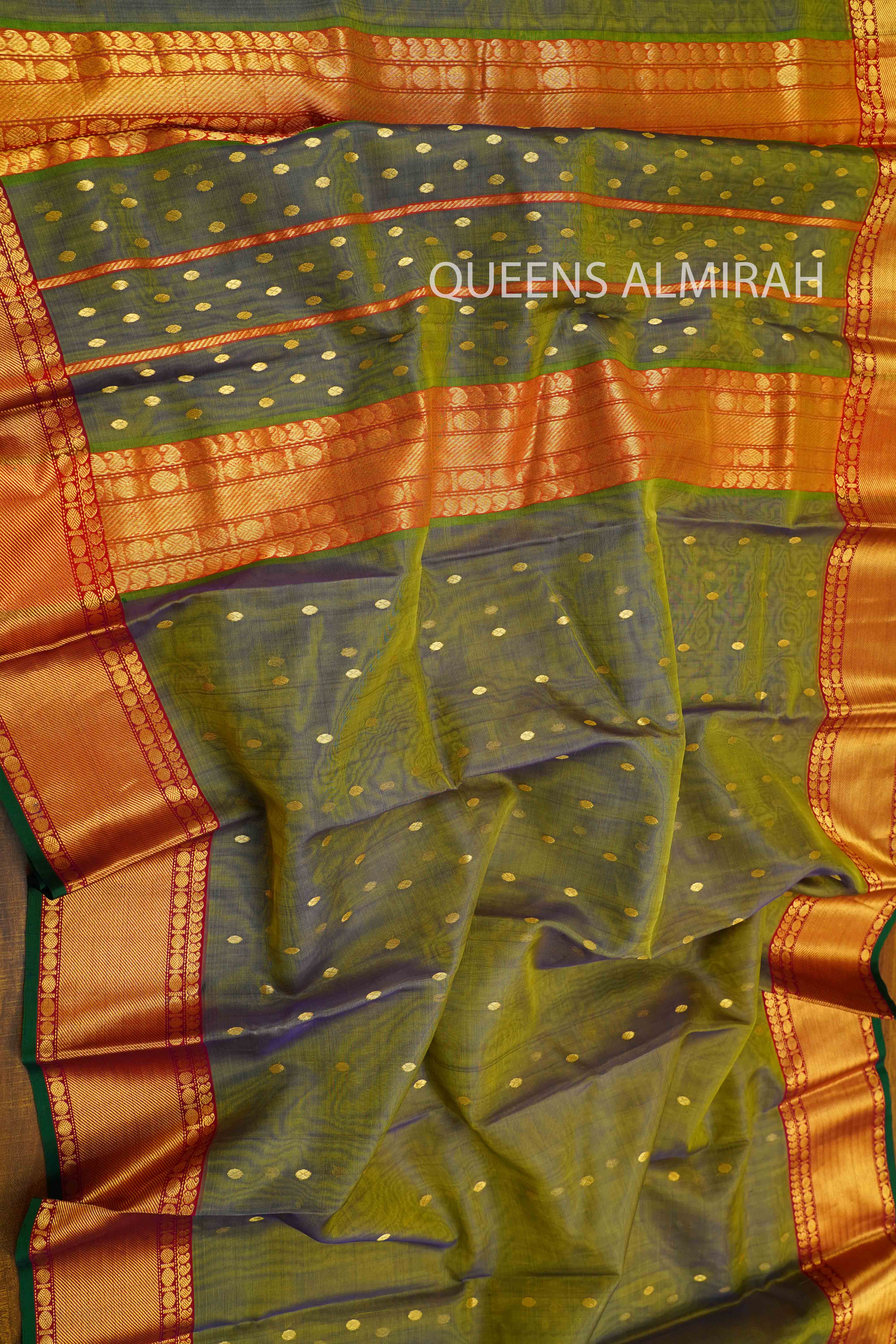 ARMY GREEN KATAN  HANDLOOM PURE CHANDERI SILK SAREE - Queens Jewel Emporium