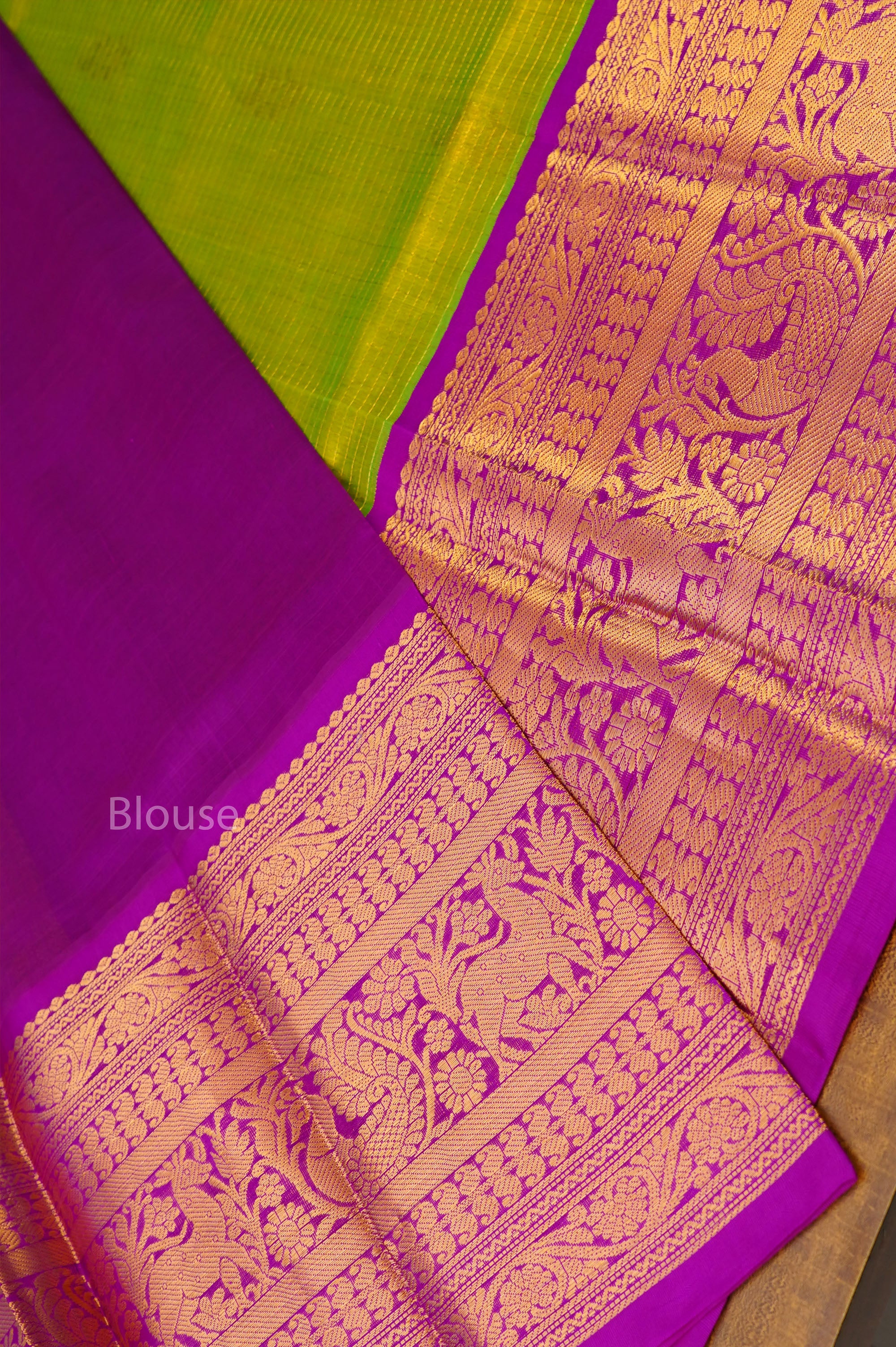 Parrot  Green With Purple Long And Short Border Pure Silk Cotton Saree