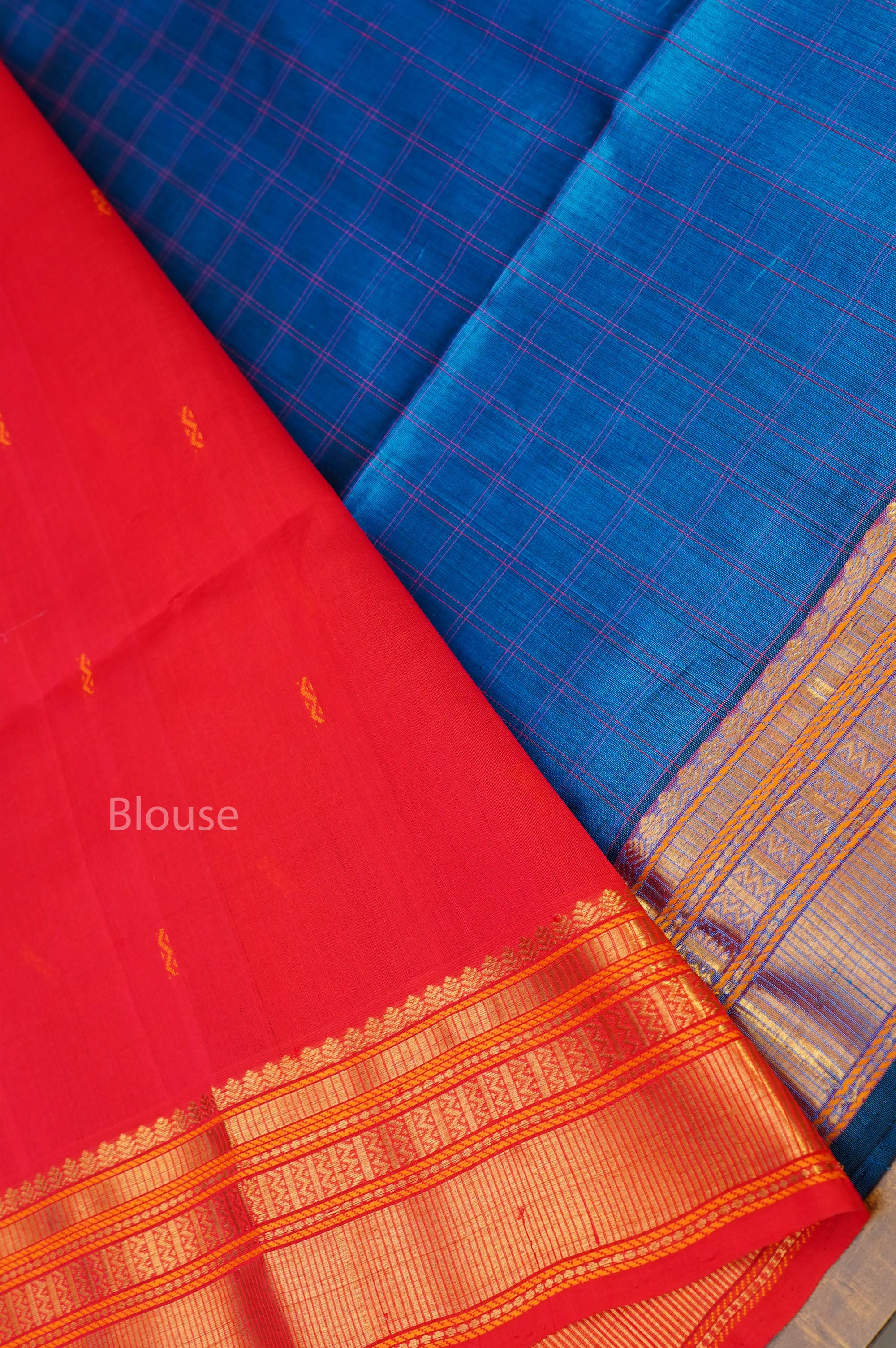 Blue With Red Pure Silk Cotton Saree