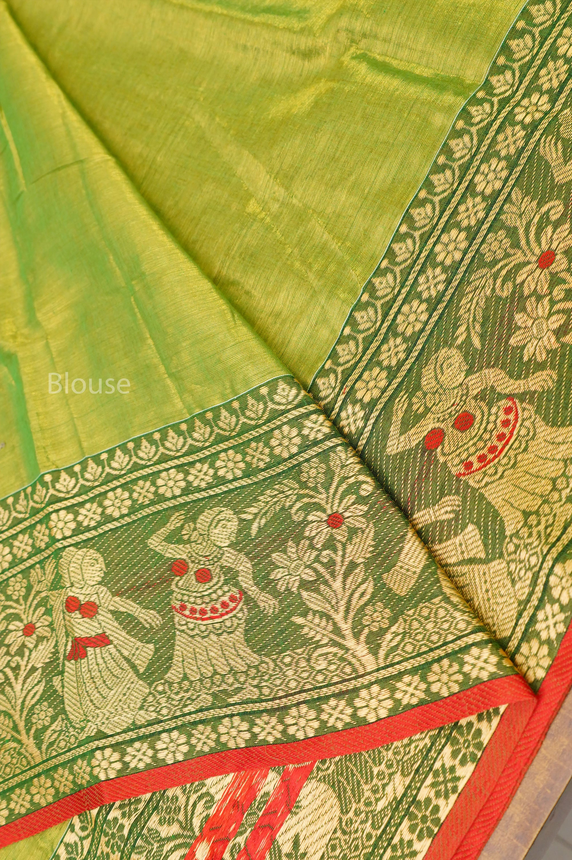 Green Linen Tissue Saree With Bomkai Border