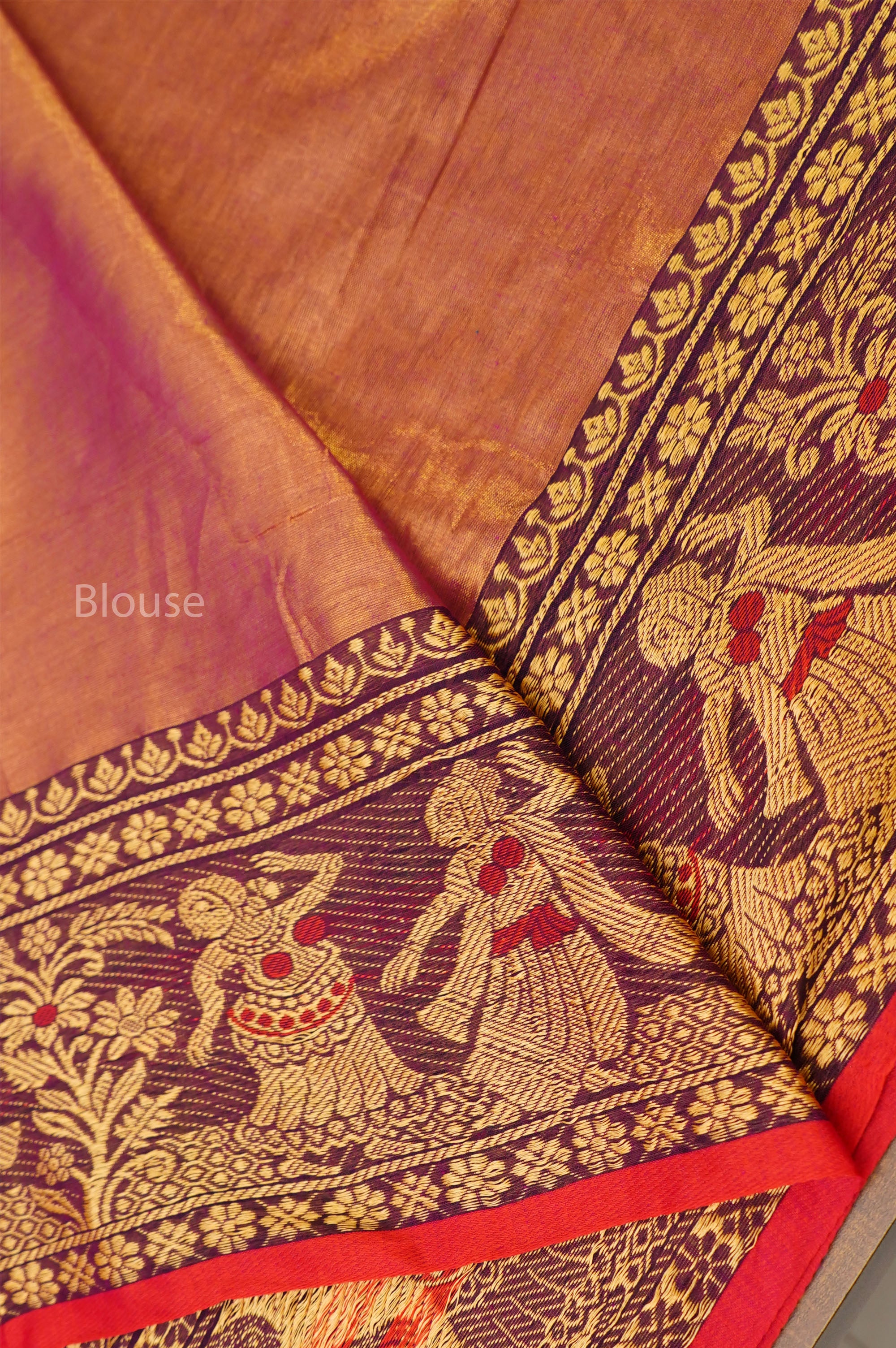 Orangish Pink Linen Tissue Saree With Bomkai Border