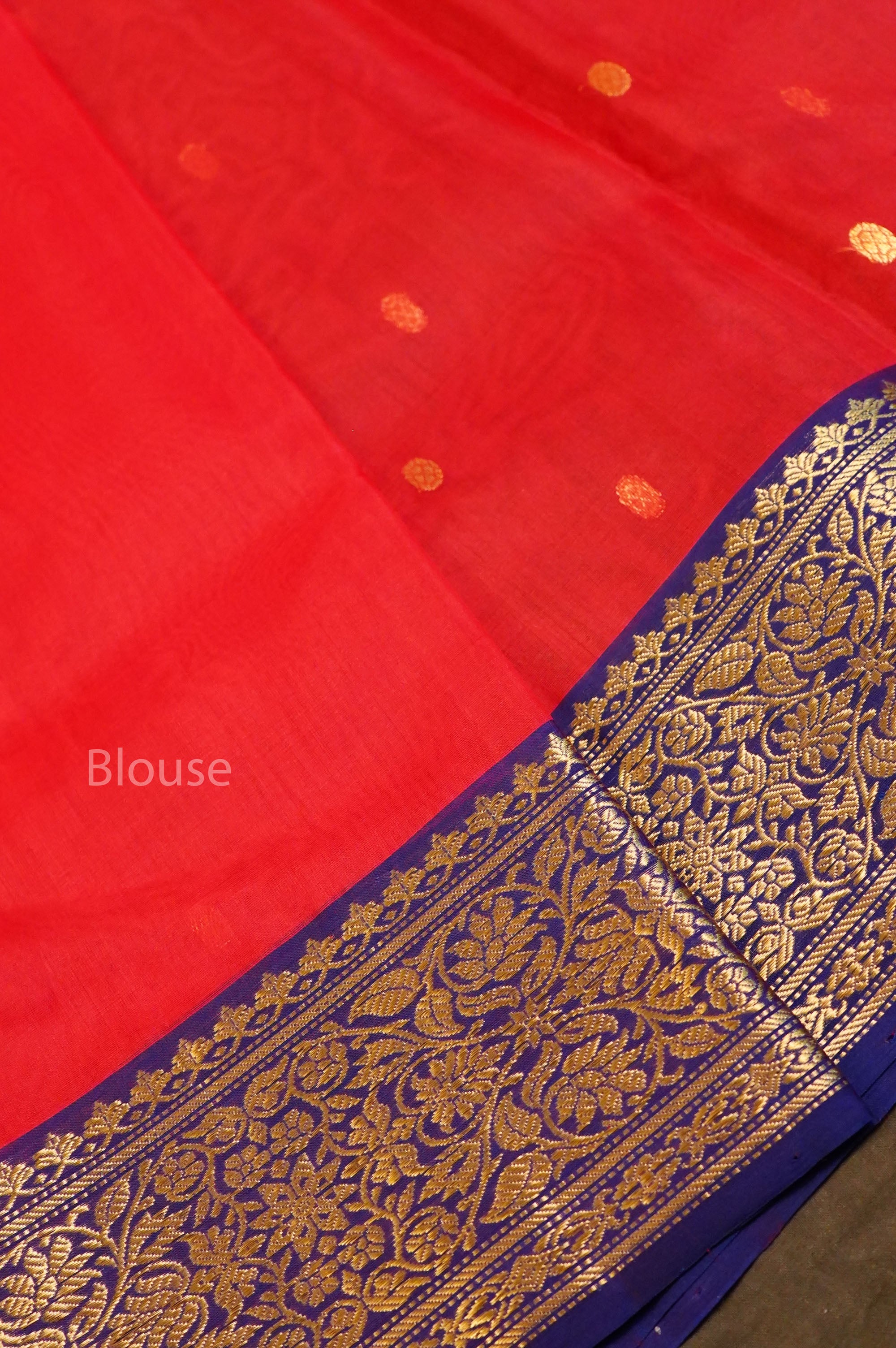 Red With Navy Blue Chanderi Katan Silk Handloom Saree