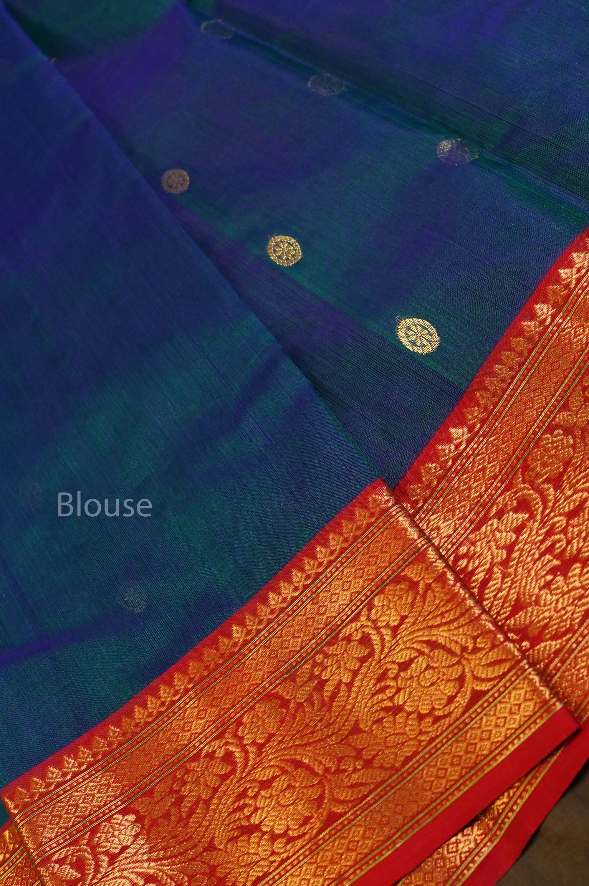 Peacock Blue With Red Chanderi Katan Silk Handloom Saree