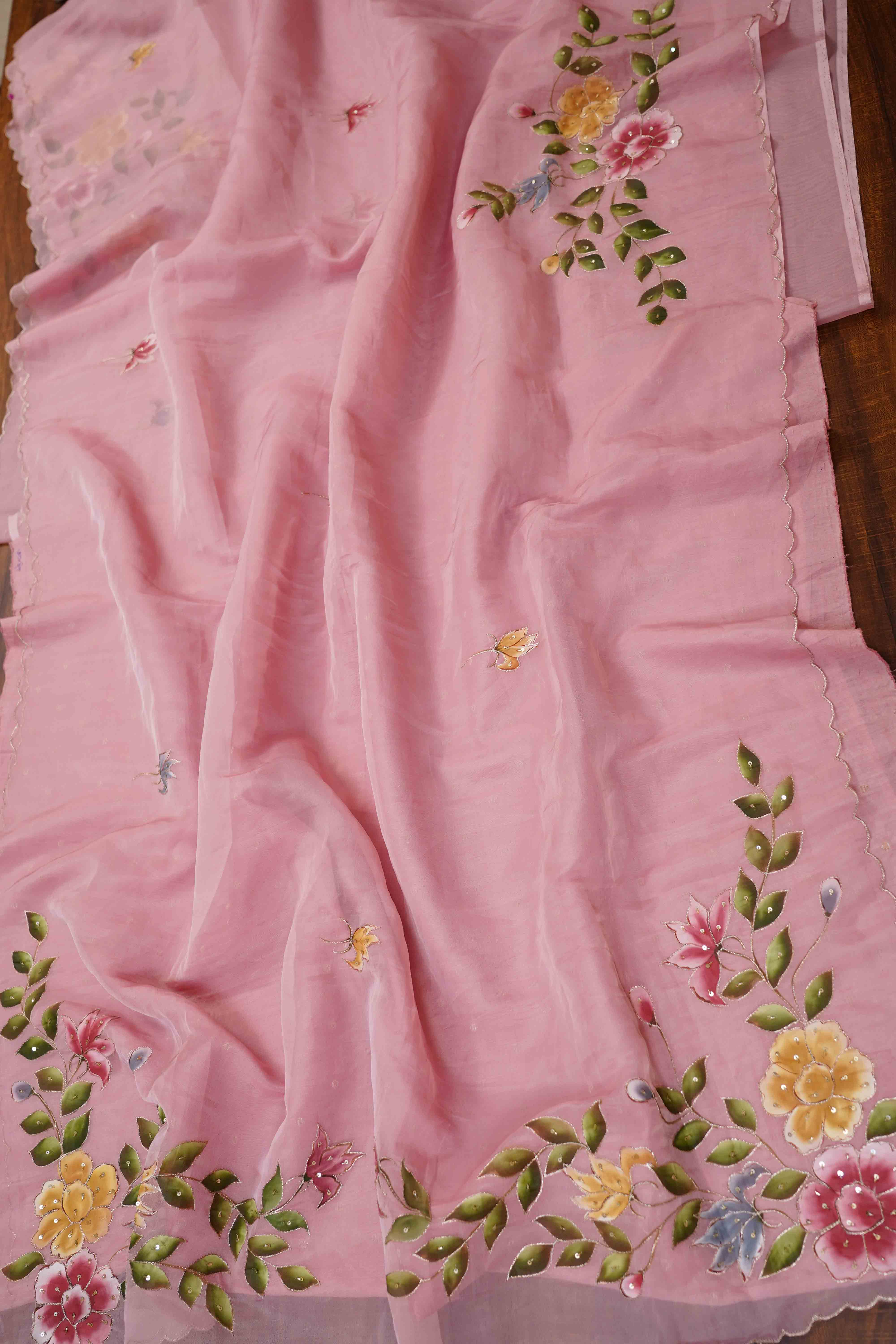 BABY PINK SILK ORGANZA SAREE - Queens Jewel Emporium